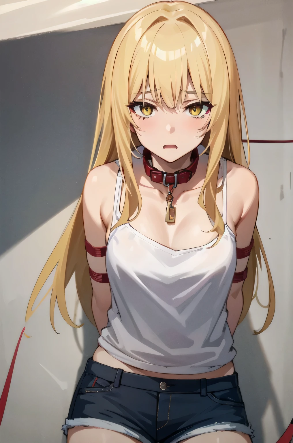 ((collar,leash,tied up,bondage,scared expression)),1Girl, solo,yellow eyes, blonde hair,,shorts,top-tank,looking at viewer
