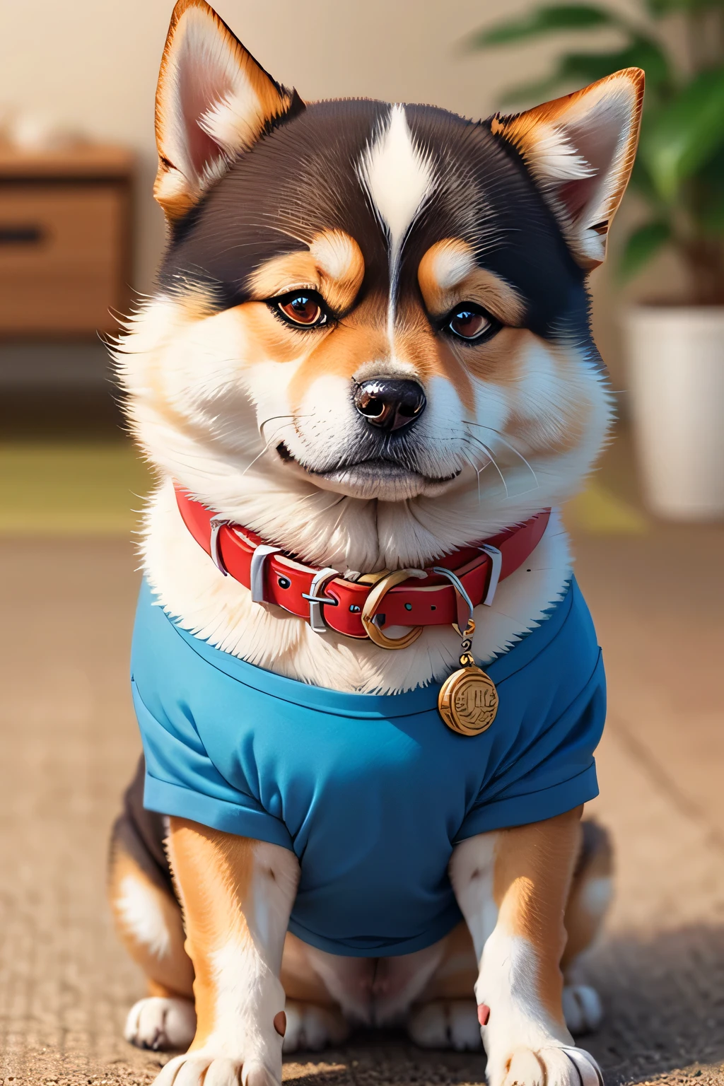 nice cute shiba inu dog mascot with blue collar and medallion