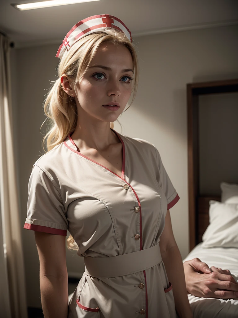 hyperrealism, (photorealistic:1.2), (film grain:1.3), masterpiece, best quality, perfect detail, cinematic lighting, professional photo, realistic photo, raw photo, charming nurse, blonde, fitness figure, medical gown, (nurse uniform:1.3), posing in the hospital,