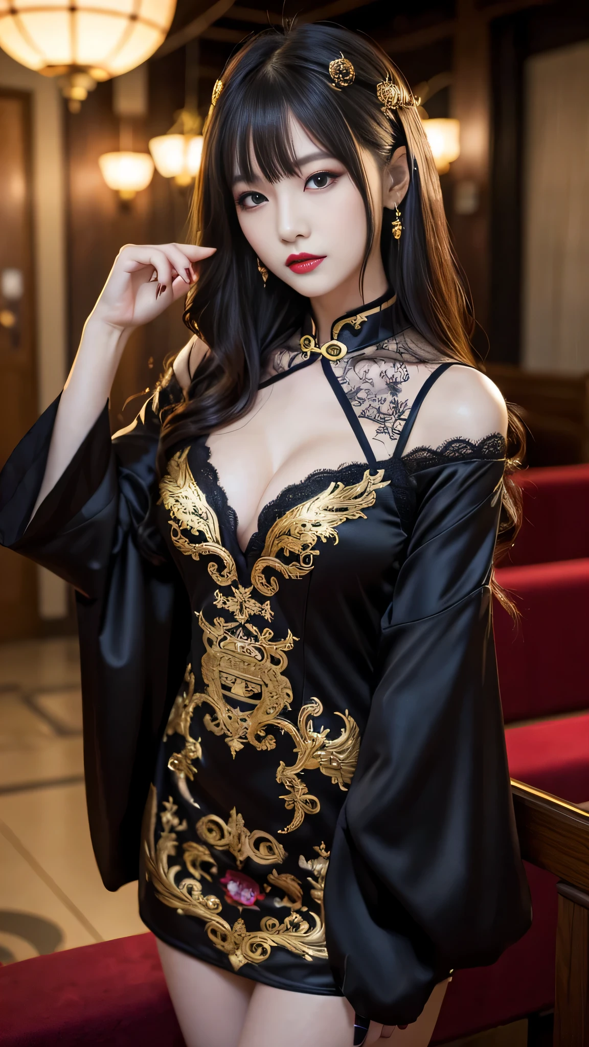 masterpiece, Highest quality, Realistic, Very detailed, Finer details, High resolution, 8k wallpaper, One beautiful woman, ((Wearing a beautiful black and gold silk bunny girl costume with exquisite embroidery.)), Wear a black garter belt, In a great hotel room, At night, Light brown messy long hair, Perfect dynamic composition, Beautiful and beautiful eyes、Big earrings、laughing、((((Lying on bed: 1.4))))、Sexy pose、(((Spreading her legs: 1.4)))、(((Nipples are sticking out: 1.2)))、(Camel Toe, Panties that dig into the pubic area)