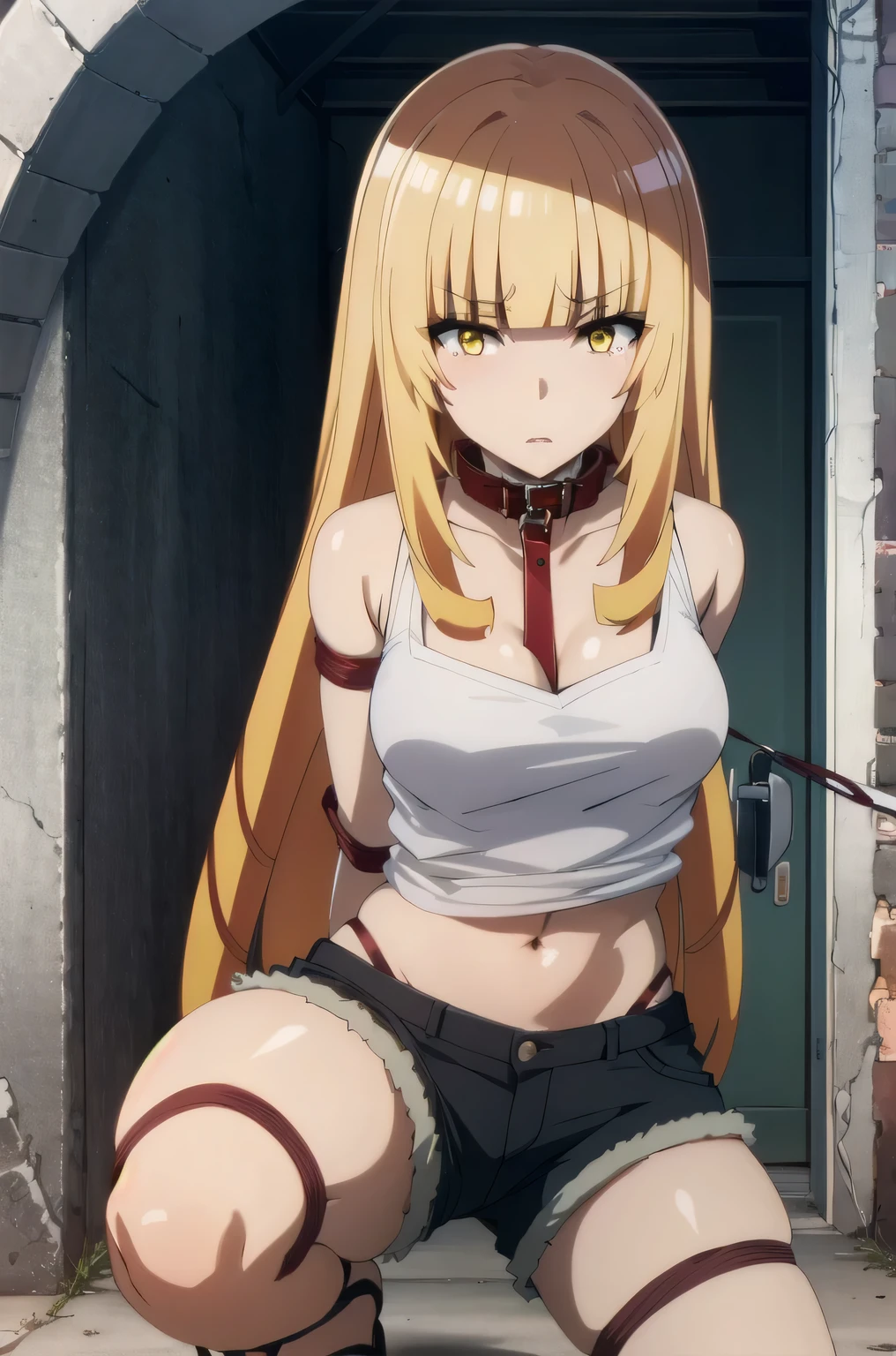 ((collar,leash,tied up,bondage,scared expression)),1Girl, solo,yellow eyes, blonde hair,,shorts,top-tank,looking at viewer