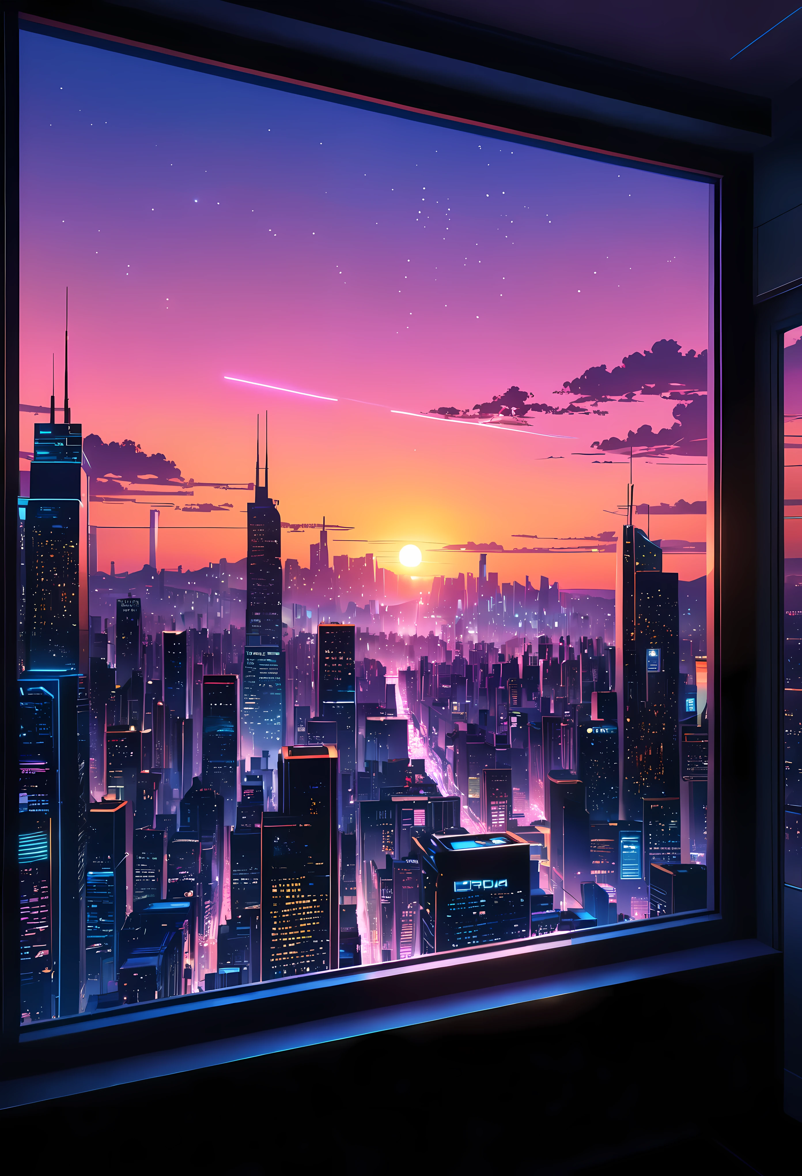 illustration of a cyberpunk room with a view of futuristic city at dusk, scenery wallpaper aesthetic, wallpaper aesthetic, beautiful aesthetic art, beautiful and aesthetic, vaporware artstyle, beautiful futuristic cityscape, vaporware art, cozy wallpaper, anime background art, futuristic cityscape in the window, watching the sun set. vaporware anime, vaporware anime aesthetic, vaporware illustration style, city sunset, vaporware aesthetic. | ((Masterpiece in maximum 16K resolution):1.6),((soft_color_illustration:1.5), ((Ultra-Detailed):1.4),((Movie-like still images and dynamic angles):1.3), ((Ultra wide angle):1.5),((cinematic illustration style):1.3). | award winning masterpiece with incredible details, epic stunning, (shimmer), (visual experience), (Realism), (Realistic), award-winning graphics, dark shot, film grain, extremely detailed, Digital Art, rtx, Unreal Engine, scene concept anti glare effect, All captured with sharp focus. Rendered in ultra-high definition with UHD and retina quality, this masterpiece ensures anatomical correctness and textured skin with super detail. With a focus on high quality and accuracy, this award-winning portrayal captures every nuance in stunning 16k resolution, immersing viewers in its lifelike depiction. Avoid extreme angles or exaggerated expressions to maintain realism. ((perfect_composition, perfect_design, perfect_layout, perfect_detail, ultra_detailed)), ((enhance_all, fix_everything)),