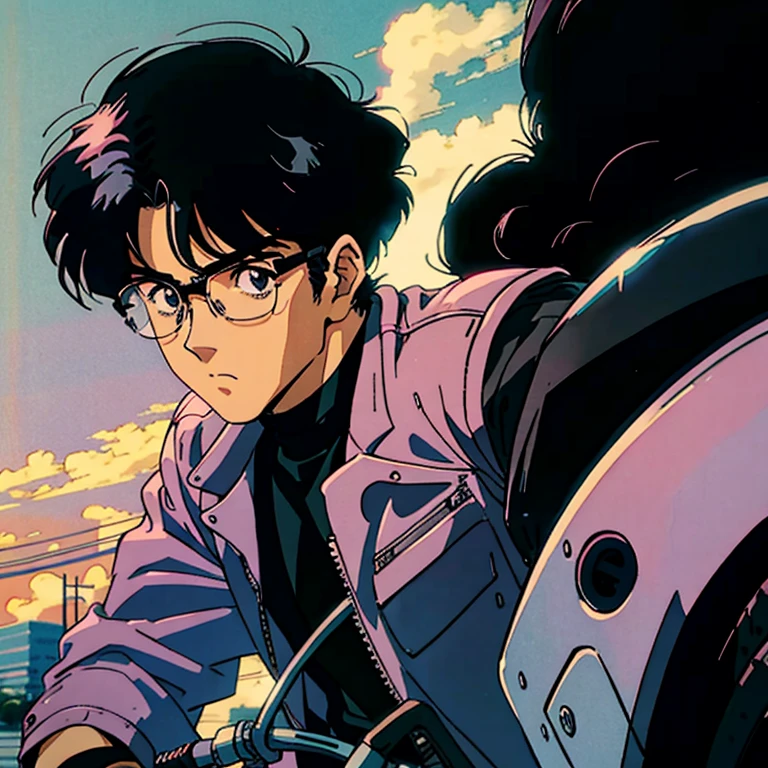 muted pastel colors,Soft picture,Retro anime, 1990s anime, 1980s anime, Retro anime,Retro anime style,Masterpiece, Best quality, 1boy, solo, Black eyes, Long black hair,Bob cut,Medium hair, Large round frame glasses,biker clothes,Closed mouth,motorcycle, cyberpunk, Simple background