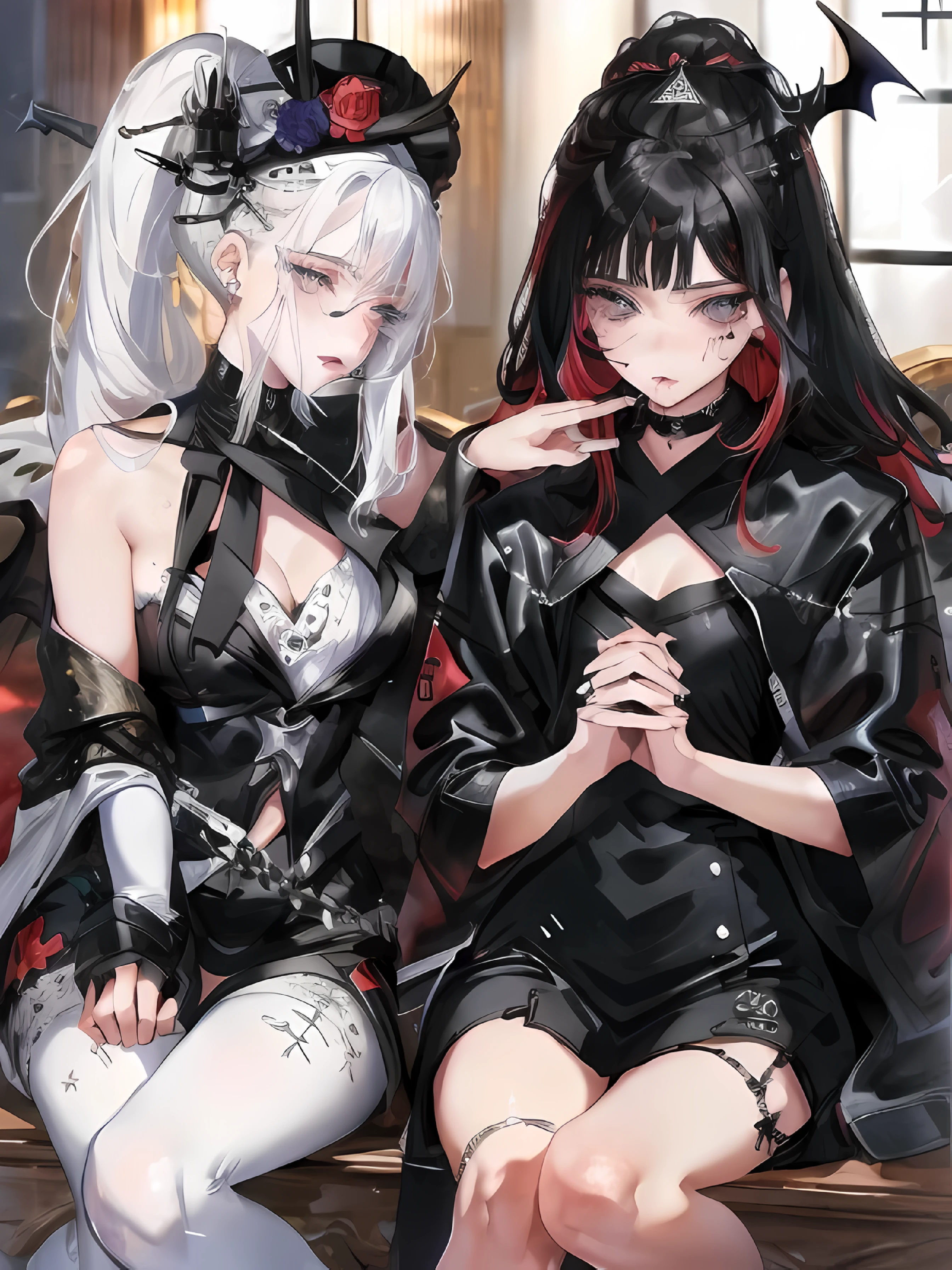beautiful eyes、Two women kisasterpiece, best quality, high quality, ultra detailed, 1girl, looking at viewer, white hair, gray eyes, black lipstick, black shirt, sitting on a white floor, demon girl, gothcore, 1 7 - - old,th girl, japanese gothic, gothic punk style, black metal style, hands on head,.yurikiss、Girl kissing girl、Sex、
