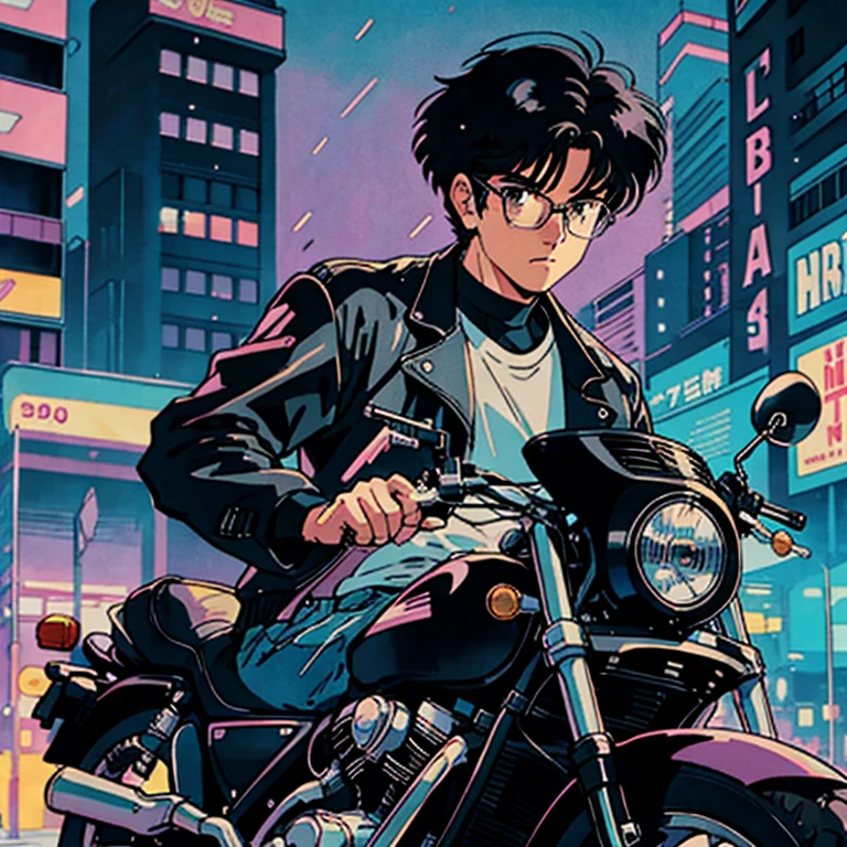 muted pastel colors，Soft picture，Retro anime, 1990s anime, 1980s anime, Retro anime，Retro anime style，Masterpiece, Best quality, 1boy, solo, Black eyes, black hair，Bob cut，Medium hair, Large round frame glasses，biker clothes，Closed mouth，motorcycle, cyberpunk, Simple background