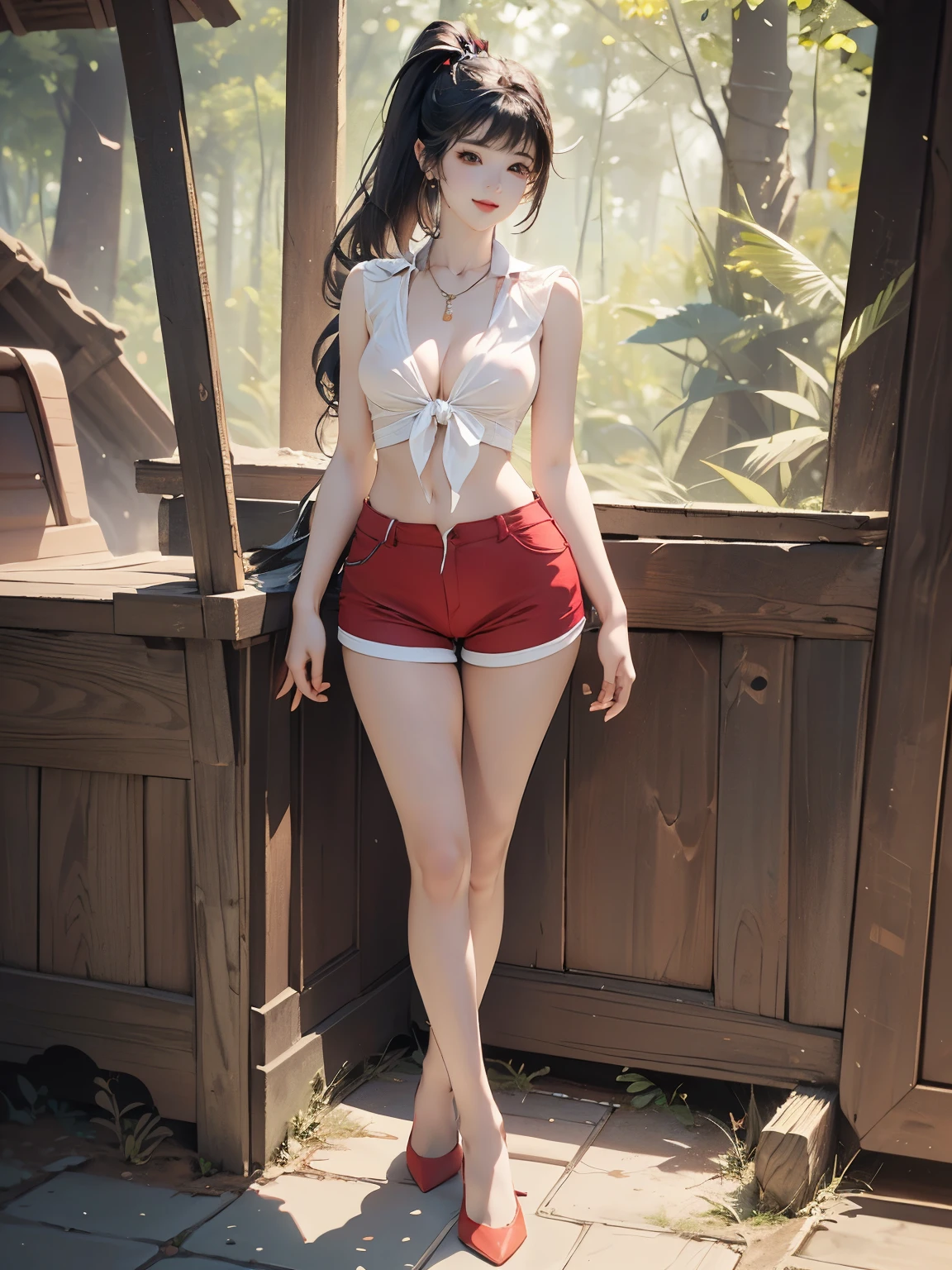 ((((highest quality))))、(((Ultra-precision CG16K wallpaper)))、(((masterpiece)))、(((Super detailed)))、(((super extreme details)))、((1people's women))、mature woman、24 year old woman、(((clarity、detailed face:1.6)))、((Japanese face))、((very beautiful face))、((Mai Shiraishi:1.5))、((straight long ponytail hair、blunt bangs:1.5))、(shiny brown hair)、((Big eyes with double eyelids))、beautiful delicate eyes、brown eyes、raised eyebrows、high nose、small nostrils、small mouth、seductive lips、beautiful breasts、((C cup size breasts))、cleavage、plump body、(Chubby body type)、perfect proportions、perfect anatomy、perfect composition、beautiful detailed shading、beautiful natural lighting、beautiful detail glow、Depth of the bounds written、(((High chroma)))、(((real:1.9)))、((vivid:1.5))、((edge:1.6))、((beautiful skin))、((skin texture))、((realな皮膚感))、(((full body shot:1.8)))、((Front facing angle:1.8))、((shy smile:1.5))、(Eyes looking at me:1.5)、Bright daylight、Natural light、(((walk in the forest:1.8)))、(Walking pose:1.6)、(((Sleeveless collared blouse with tied hem_White clothing、hot pants_red clothes:1.6)))、((earrings、wearing necklace:1.3))、(((pumps_Wearing red:1.6)))、