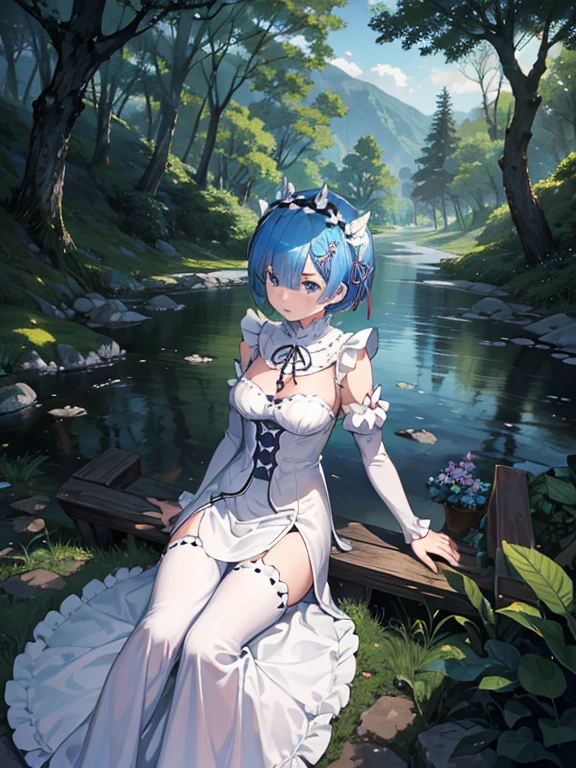 Rem de ReZero, desnudo, sin ropa ,Esperando un bosque, destello de lente, llamas, noche, vista desde arriba, dark ambient, oscuridad, contrast