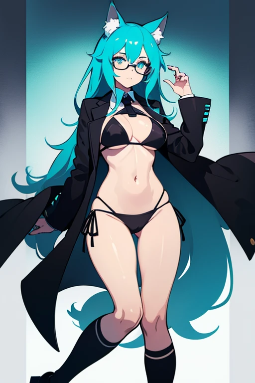hot girl, beautiful long cyan hair, wearing glasses, cyan eyes, sexy black bikini, big but medium breasts, a black jacket no panties and long black transparent socks, wolf ears
