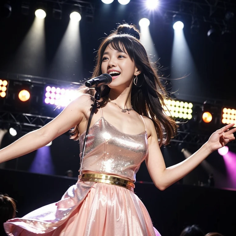 highest quality、Super fine、real、cowboy shot、top idol、beautiful detailed eyes、beautiful detailed lips、Girl in the Garden、professional、Bright colors、soft lighting、media:oil、glamorous、stylish、confident look、shiny hair、 Shining stage、Energetic dance moves、Spring fairy-inspired costume、perfect makeup、enthusiastic fan、Concert atmosphere、dynamic pose、Fans waving penlights、celebrity、High resolution、Stage Spotlight、Fantasy-like background、fun atmosphere、upbeat music、Unforgettable performance、 A memorable concert experience、expressive face、lively atmosphere、happy smile、Excitement and cheers、Excellent vocal skills、Stage presence、Superstar aura、a moving presence、An unforgettable idol experience、vivid description、Outstanding Personality、Talented performers、Iconic idol、enthusiastic fan、 A wave of passion and support、Huge cheers and applause、Hugely popular、charisma on stage、Unforgettable performance、Moment of emotion