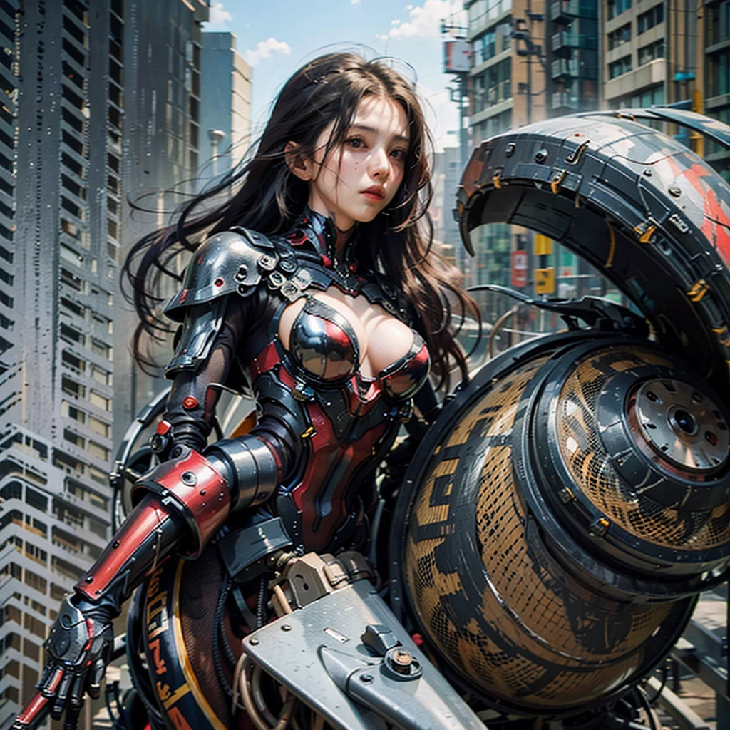 (masterpiece), (best quality), photorealism, realistic, ultra detailed, perfect face, perfect body, 1girl, beautiful girl, girl in red armor, mechanical armor, exoskeleton, stand, cool pose, sexy