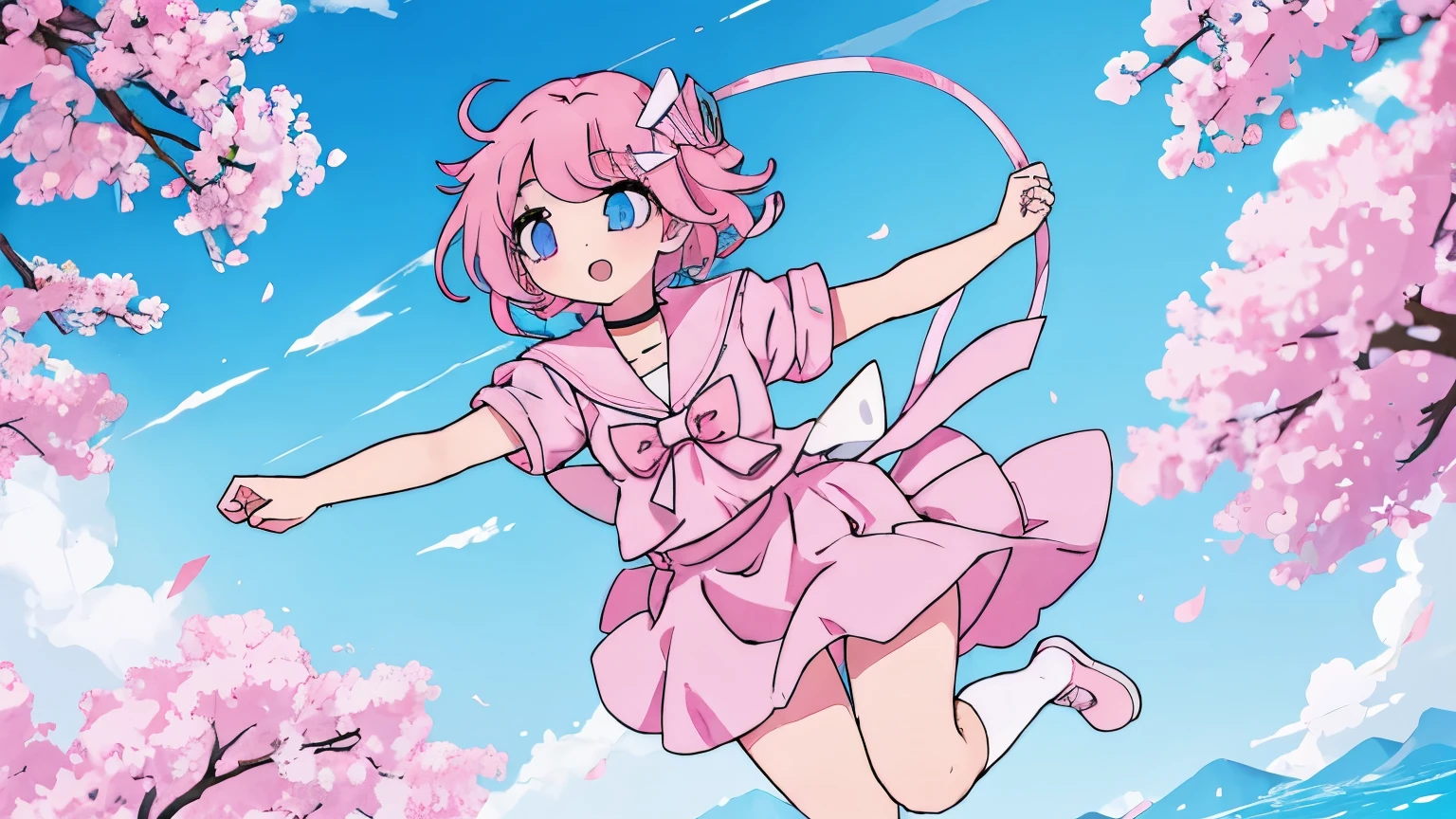godlike powerful floating anime girl short pink hair sailor pink and white dress pink skirt choker hairclip blue white shoes white legwear