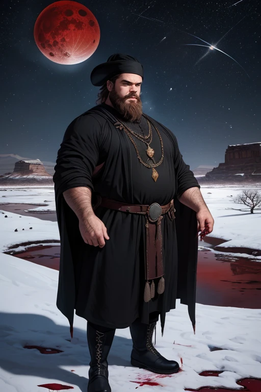 David Harbour, very detailed image, master piece, epic composition, perfect fingers, perfect hands, handsome, snow, right anatomy, chubby, 4k, perfect feets, perfect legs, (very short messy hair), ancient desert, ancient desert clothes tunic beduin, ((big full beard)), (full black clothes), (black tunic), ( black mage), (black boots), ((night with blood moon))
