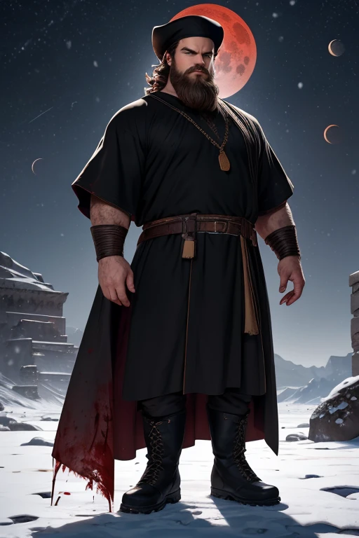 David Harbour, very detailed image, master piece, epic composition, perfect fingers, perfect hands, handsome, snow, right anatomy, chubby, 4k, perfect feets, perfect legs, (very short messy hair), ancient desert, ancient desert clothes tunic beduin, ((big full beard)), (full black clothes), (black tunic), ( black mage), (black boots), ((night with blood moon))
