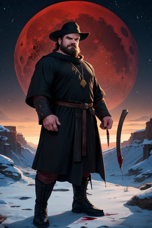 David Harbour, very detailed image, master piece, epic composition, perfect fingers, perfect hands, handsome, snow, right anatomy, chubby, 4k, perfect feets, perfect legs, (very short messy hair), ancient desert, ancient desert clothes tunic beduin, ((big full beard)), (full black clothes), (black tunic), ( black mage), (black boots), ((night with blood moon)), ((bust zoom view)), Angry]
