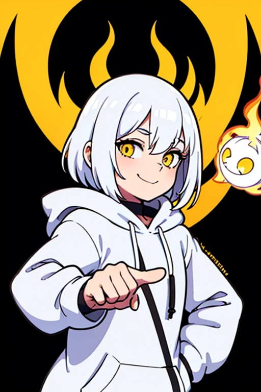 yellow eyes, White hair, black hoodie, hood on head, short stature , smile, square haircut, Human, young woman, один Human , white background , yellow circle in the background, black flame in hand, outstretched right hand, black flame in left eye