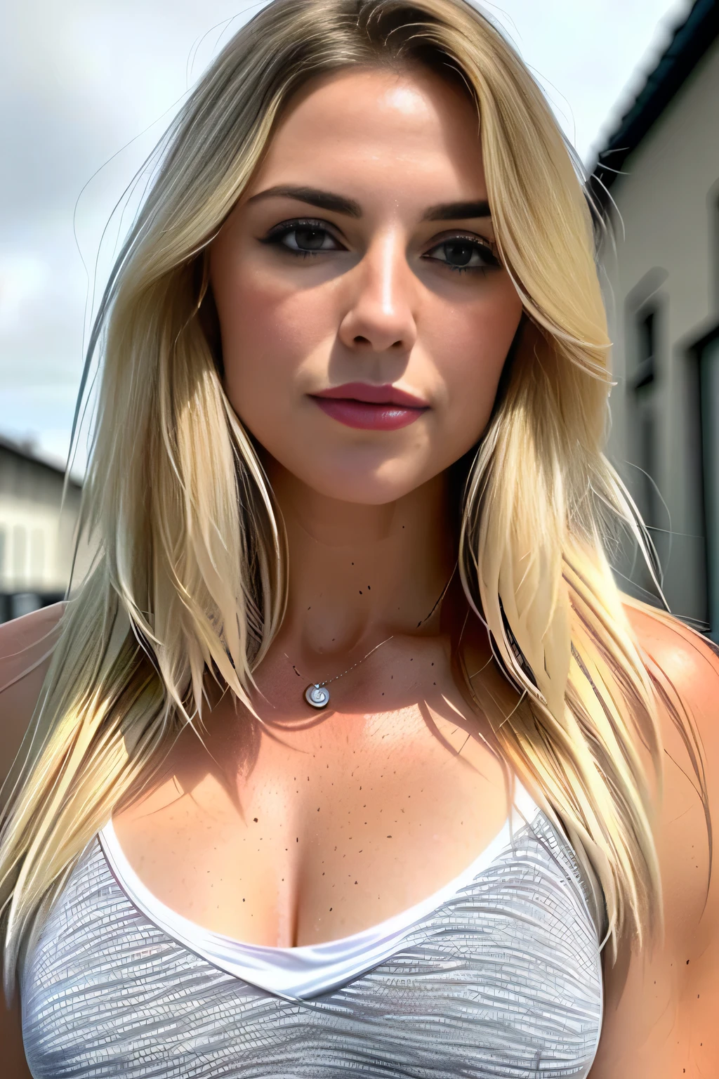 beautiful woman with extra long, welligen blonden Haaren, detailliert alluring eyes, lange sexy Beine, wears tiny shorts, T-Shirt, ((detailliert facial features)), (finely detailliert skin), blasse Haut, realistisch skin texture, Extreme Hautdetails, (Poren:0.1), Industry warehouse background Masterpiece of the highest quality, photorealistisch, realistisch, detailliert, 8k, HDR, (Sanfte Farbe: 1.2), shallow depth of field, breites Licht, Hoher Kontrast, Hintergrundbeleuchtung, bloom, Licht funkelt, chromatische Abweichung, Scharfer Fokus, RAW-Farbfoto