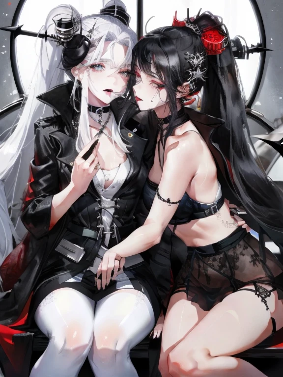 beautiful eyes、Two women kisasterpiece, best quality, high quality, ultra detailed, 1girl, looking at viewer, white hair, gray eyes, black lipstick, black shirt, sitting on a white floor, demon girl, gothcore, 1 7 -  - old,th girl, japanese gothic, gothic punk style, black metal style, hands on head,.yurikiss、Girl kissing girl、Sex、