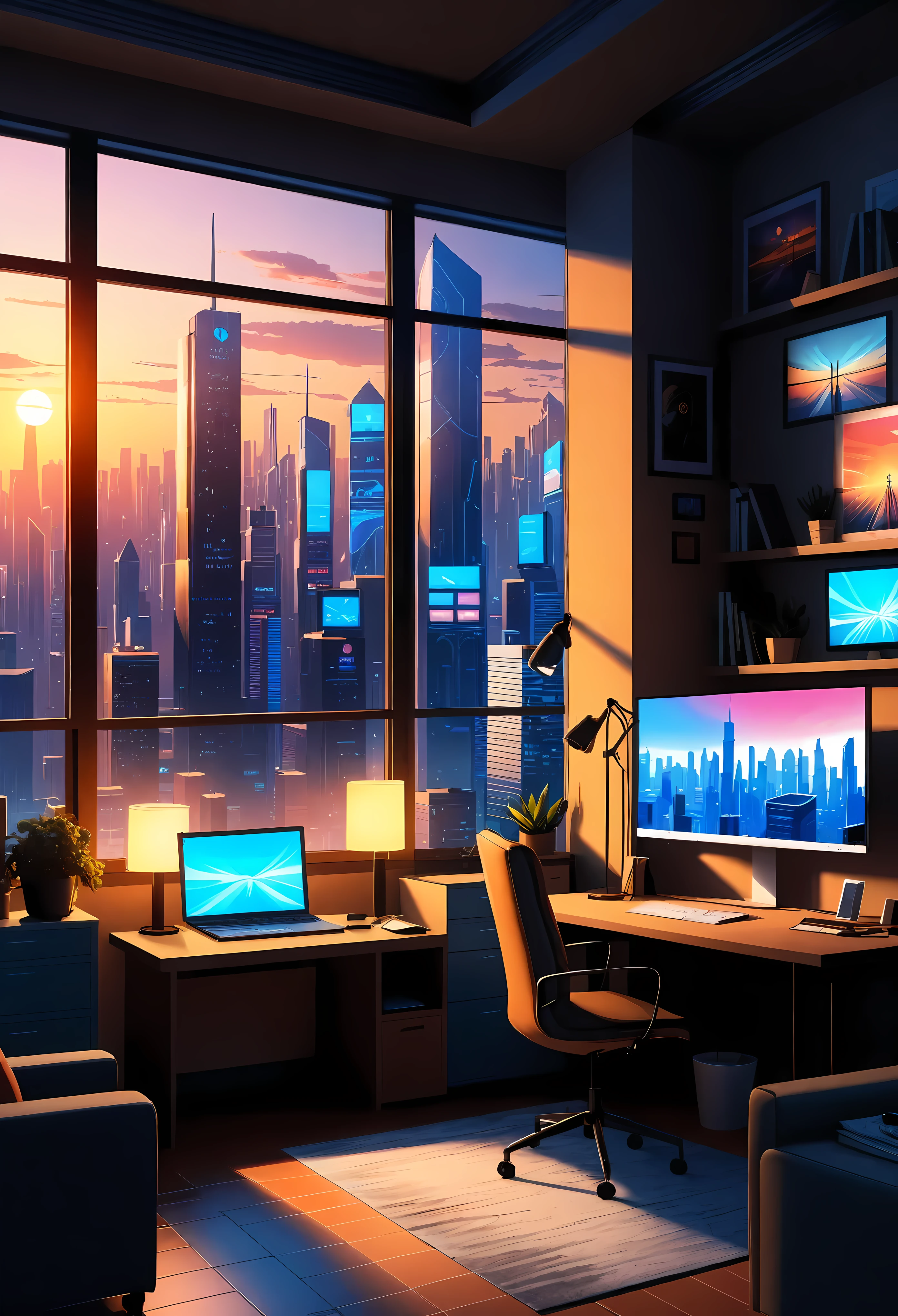 illustration of a cyberpunk room with a view of futuristic city at dusk, scenery wallpaper aesthetic, wallpaper aesthetic, beautiful aesthetic art, beautiful and aesthetic, vaporware artstyle, beautiful futuristic cityscape, vaporware art, cozy wallpaper, anime background art, futuristic cityscape in the window, watching the sun set. vaporware anime, vaporware anime aesthetic, vaporware illustration style, city sunset, vaporware aesthetic. | ((Masterpiece in maximum 16K resolution):1.6),((soft_color_illustration:1.5), ((Ultra-Detailed):1.4),((Movie-like still images and dynamic angles):1.3), ((Ultra wide angle):1.5),((cinematic illustration style):1.3). | award winning masterpiece with incredible details, epic stunning, (shimmer), (visual experience), (Realism), (Realistic), award-winning graphics, dark shot, film grain, extremely detailed, Digital Art, rtx, Unreal Engine, scene concept anti glare effect, All captured with sharp focus. Rendered in ultra-high definition with UHD and retina quality, this masterpiece ensures anatomical correctness and textured skin with super detail. With a focus on high quality and accuracy, this award-winning portrayal captures every nuance in stunning 16k resolution, immersing viewers in its lifelike depiction. Avoid extreme angles or exaggerated expressions to maintain realism. ((perfect_composition, perfect_design, perfect_layout, perfect_detail, ultra_detailed)), ((enhance_all, fix_everything)),