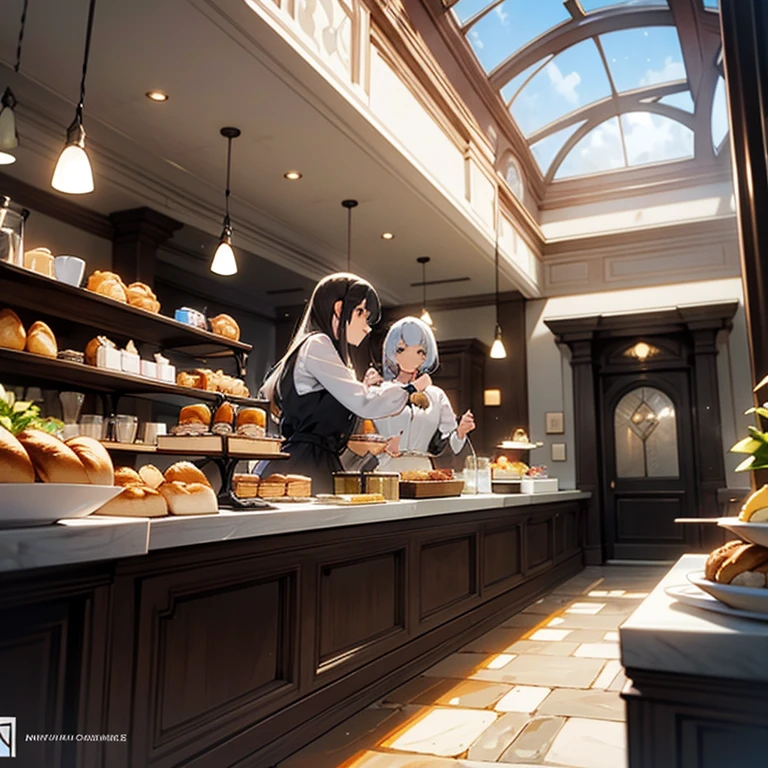 À l'angle d'une rue pavée animée se dresse une charmante boulangerie, its cut stone façade giving it a timeless look. Above the front door, a wrought iron sign bears the name of the establishment, "La Boulangerie du Coin", inscrit avec élégance dans une typographie cursive. On either side of the door, de larges vitrines exhibent fièrement une multitude de pains, viennoiseries et pâtisseries aux couleurs appétissantes.
La terrasse, spacieuse et accueillante, s'étend sur environ 70 m² devant la boulangerie. Wrought iron tables and chairs, decorated with delicate patterns, sont disposées avec soin sur le trottoir, offrant aux clients la possibilité de s'installer confortablement pour déguster leur repas. Des parasols en toile blanche, bordered with ruffles, fournissent une agréable protection contre le soleil estival.
The terrace floor is covered with beige ceramic tiles, arranged in elegant geometric patterns. Cast iron planters, overflowing with colorful flowers, apportent une touche de fraîcheur et de nature à l'espace extérieur.
Le murmure joyeux des conversations mêlé au doux parfum de pain frais et de café fraîchement moulu crée une atmosphère chaleureuse et conviviale. Des serveurs en tabliers blancs circulent avec agilité entre les tables, taking customer orders and bringing trays loaded with sweet and savory delights.
Through the large bay windows of the bakery, on aperçoit l'activité fébrile des boulangers et pâtissiers, busy behind dark wooden counters. Their precise and rapid movements shape appetizing creations, qui s'alignent ensuite avec soin dans les présentoirs, ready to be tasted.
Dans cette ambiance classique et accueillante, the bakery with its terrace invites passers-by to take a gourmet break, à savourer un moment de détente et de plaisir gustatif.