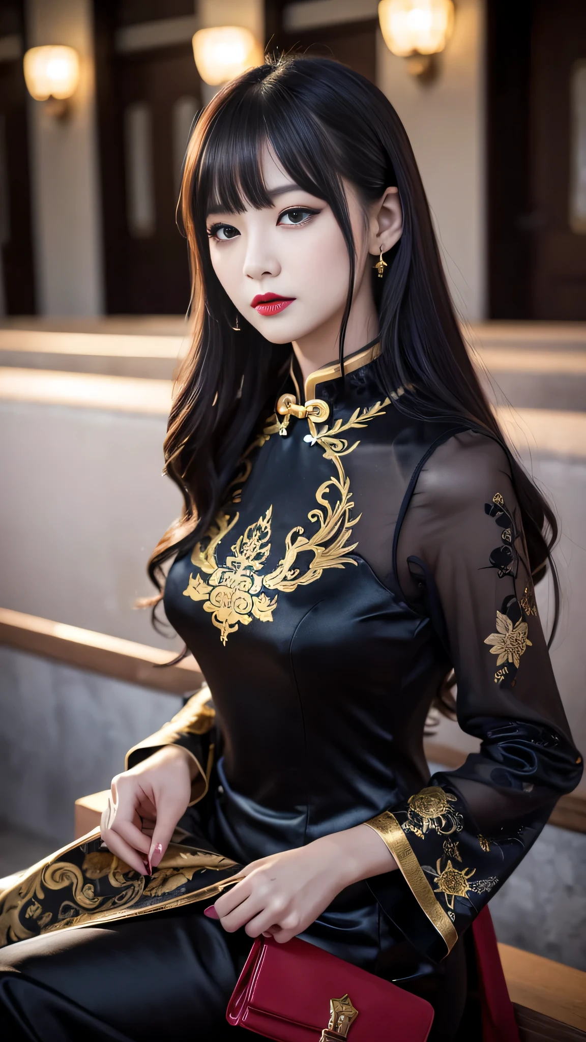 tra-detailed、Japanese、attractive beauty、seductive adult woman、pretty woman、piercing eyes、cool girl、wavy hair、swept bangs、Long Black and Gold Cheongsam、wide sleeves、Evil cadres、evil depravity、brainwash、mind control、lipstick、lip gloss、dark makeup、smirk、whisper in your ear、Evil expression、evil、hollow eyes,half-closed eyes、empty eyes、evil、church at night、vampire、succubus、vampire、Swear allegiance、sexy pose、hair ornaments、