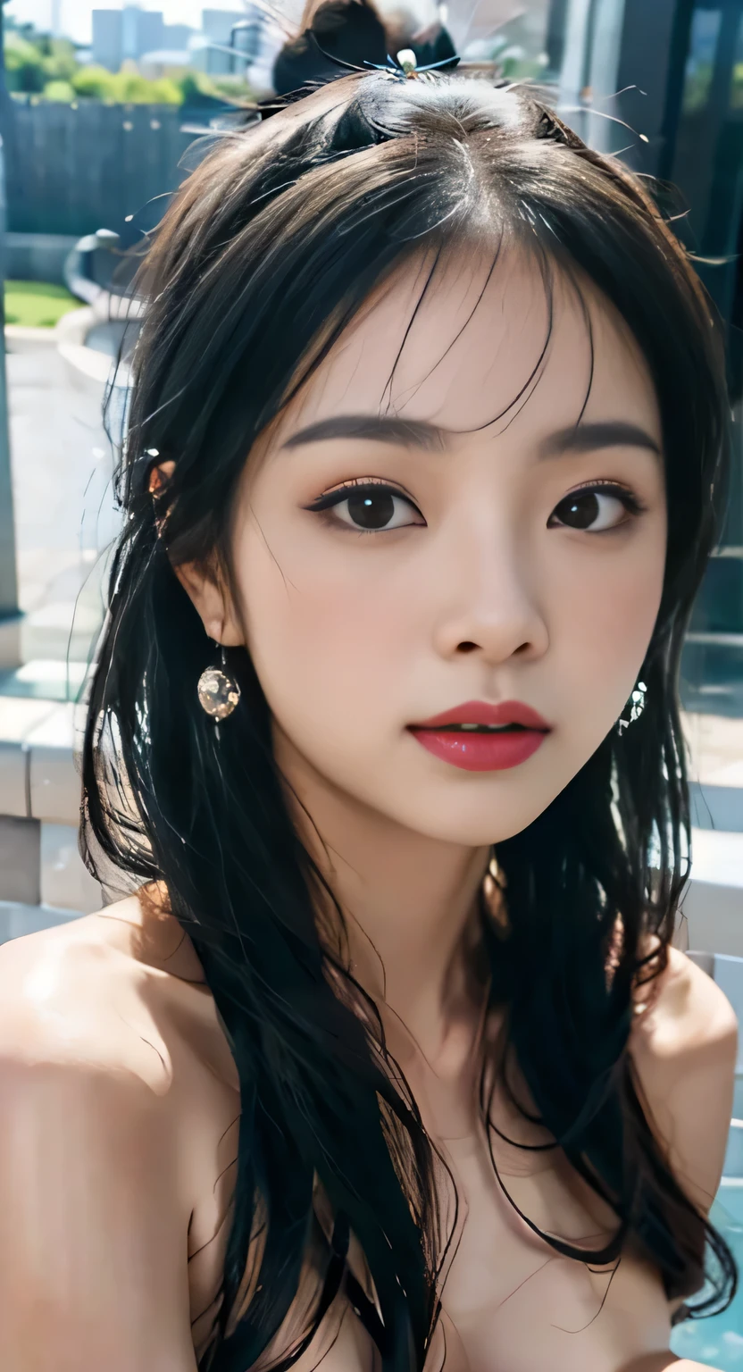 highest quality, absurd, beautiful girl, cute, outdoor, (Half body:1.2), (full nude:1.5), {hand on your chest}, {{nipple}}, {{Self grab Breast }}, (ponytail hair), nice body, nice body, no makeup, law of near and far, Depth of written boundary, surreal, High resolution, photograph, sharp focus, nffsw, face light, dynamic lighting, The best get used to it, Bathroom, earrings, Extreme get used to it、超get used to itな、get used to it、real skin、delicate features、easy negative, masterpiece, 8K, UHD, retina, anatomically correct, 1080P, 16k, best quality, highres