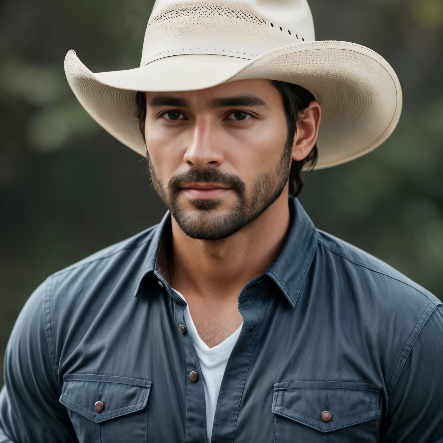 man,hero,32 years old,Wear a hunting shirt,Wearing a cowboy hat.,full body view, Special handsome face, Front focus on the camera, short beard, black hair ((tan skin)), ((pearl skin)), (((full body))), Olsen01, ((Looking at the camera)), portrait of ((Remarkably charming)) man ((perfect male face)), complicated, 8k, Highly detailed, (Very detailed CG unity 8k wallpaper.), ((square jaw)), (well defined jaw), (depressed lips), (anatomy details),