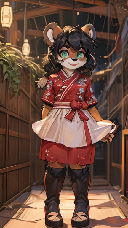 [Yaya Panda], [Uploaded to e621.net; (Pixelsketcher), (wamudraws)], ((masterpiece)), ((HD)), ((solo portrait)), ((full body)), ((front view)), ((feet visible)), ((furry; anthro)), ((detailed fur)), ((detailed shading)), ((beautiful render art)), ((intricate details)), {anthro panda; (black fur), (white fur), black nose, (cute green eyes), (short eyelashes), black hair, long braids, (curvy hips), (beautiful legs), (cute grin)}, {(green chinese dress), (red ballet flats)}, {(standing), (hands on face), (looking at viewer)}, [background; (bamboo forest), (beaten pathway), (blue sky), (cloudy)]