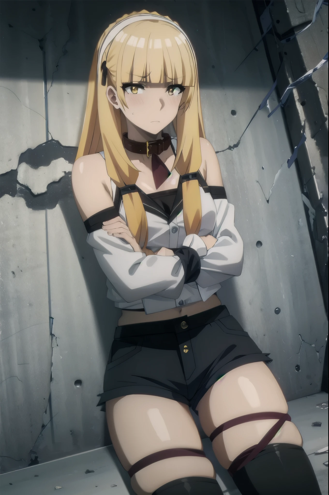 ((collar,leash,tied up,bondage,scared expression)),1Girl, solo,yellow eyes, blonde hair,,shorts,top-tank,looking at viewer
