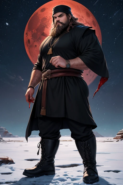 David Harbour, very detailed image, master piece, epic composition, perfect fingers, perfect hands, handsome, snow, right anatomy, chubby, 4k, perfect feets, perfect legs, (very short messy hair), ancient desert, ancient desert clothes tunic beduin, ((big full beard)), (full black clothes), (black tunic), ( black mage), (black boots), ((night with blood moon)), ((big and large ass))