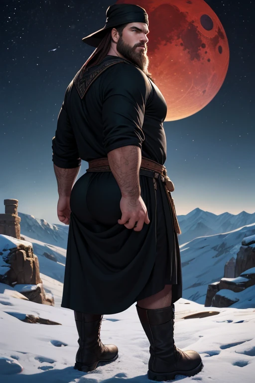 David Harbour, very detailed image, master piece, epic composition, perfect fingers, perfect hands, handsome, snow, right anatomy, chubby, 4k, perfect feets, perfect legs, (very short messy hair), ancient desert, ancient desert clothes tunic beduin, ((big full beard)), (full black clothes), (black tunic), ( black mage), (black boots), ((night with blood moon)), ((((big and large ass))))