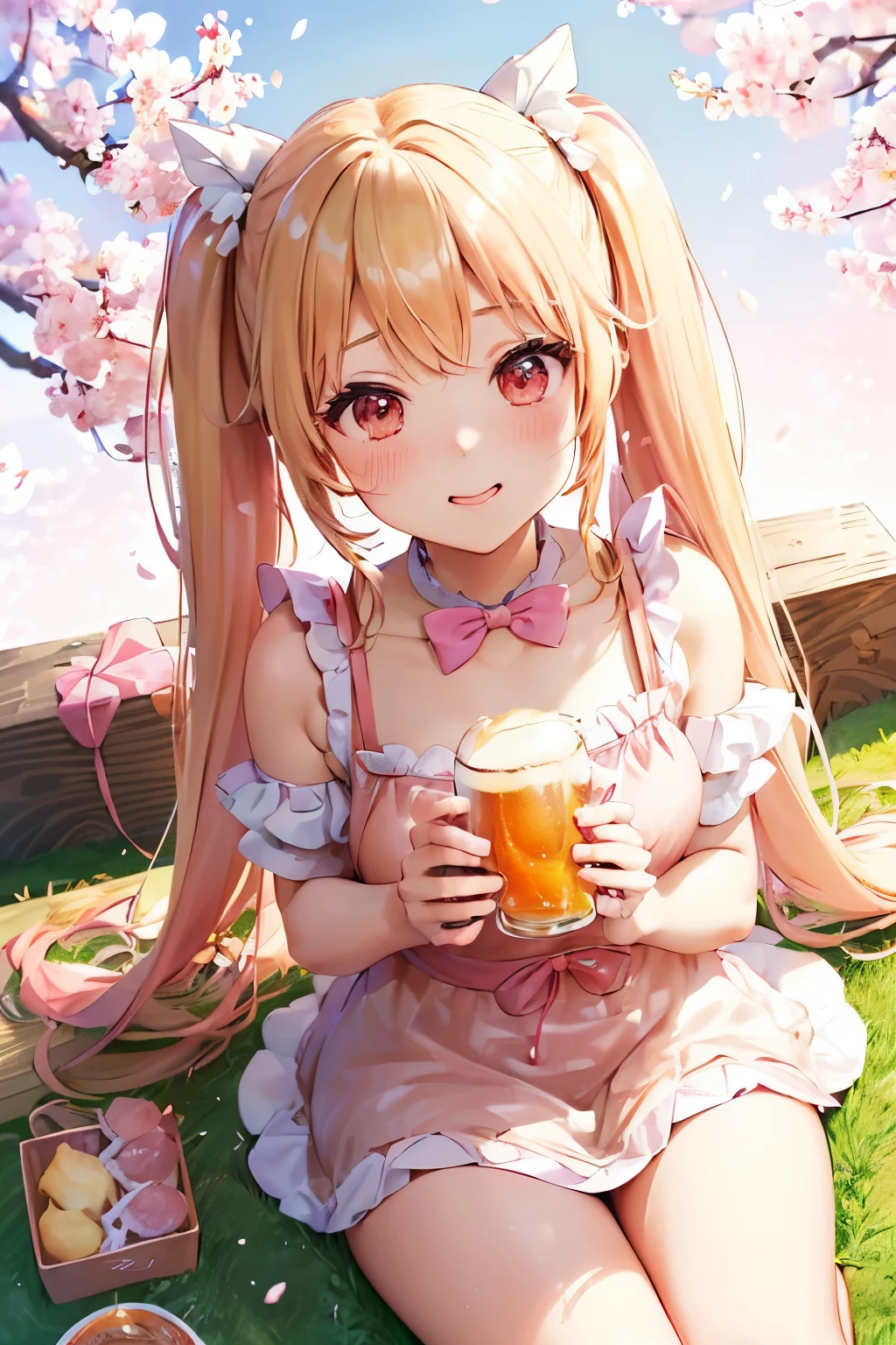 1girl, gradient, gradient_background, looking_at_viewer, solo by JM,((( girl with blonde twin tail,　Gosic pink　dress))),cherry blossoms、Cherry blossom viewing,cherry blossoms吹雪,(((おCherry blossom viewingデート))),(((cheers))),(((blush))),（((Picnic sheet))),(((Angle from above))),((beer mug))),(((Daytime)))