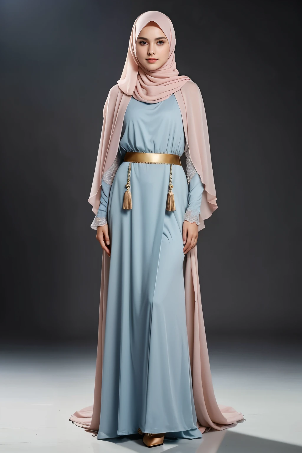 Muslim dress, headscarf, cityscap, detail body, 8k resolution, full body, model pose, look at view,