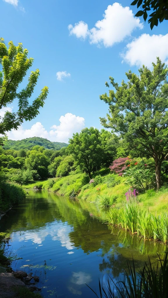 The sky is blue、Lush vegetation、bright、Scenery rich in nature