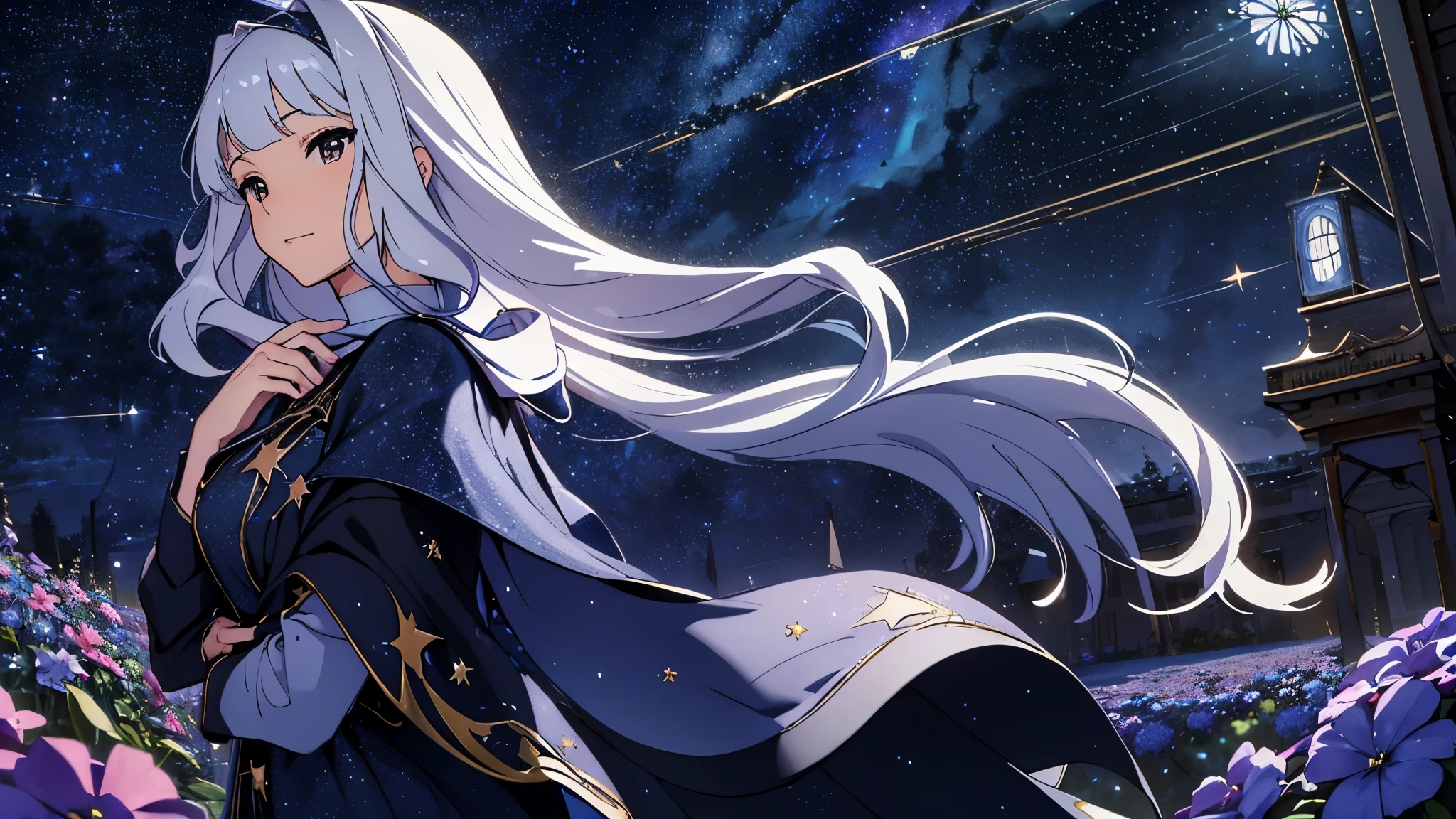 CG, unity, 8k, wallpaper, highest quality, masterpiece, best lighting, complex textile, detailed background, (starry skies: 1.5), (night: 1.5), vast flower garden, quiet flower garden, (blue flowers: 1.3), beautiful woman, long white hair, white skin, Rear view looking up at the sky, a little far away, beautiful