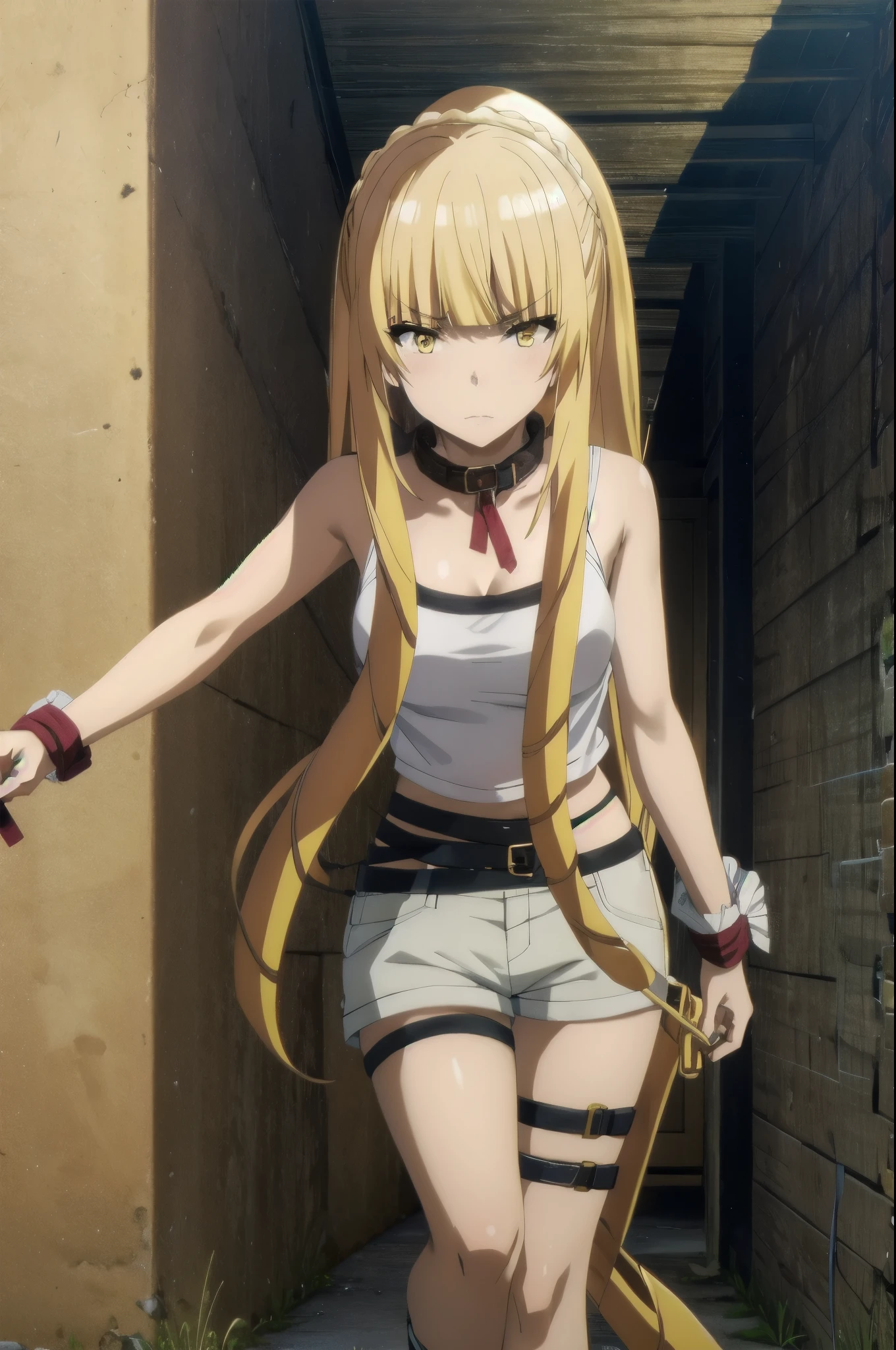 ((collar,leash,tied up,bondage,scared expression)),1Girl, solo,yellow eyes, blonde hair,,shorts,top-tank,looking at viewer
