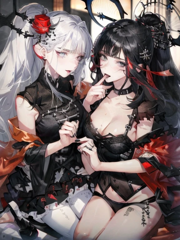 beautiful eyes、Two women kisasterpiece, best quality, high quality, ultra detailed, 1girl, looking at viewer, white hair, gray eyes, black lipstick, black shirt, sitting on a white floor, demon girl, gothcore, 1 7 -  - old,th girl, japanese gothic, gothic punk style, black metal style, hands on head,.yurikiss、Girl kissing girl、Sex、