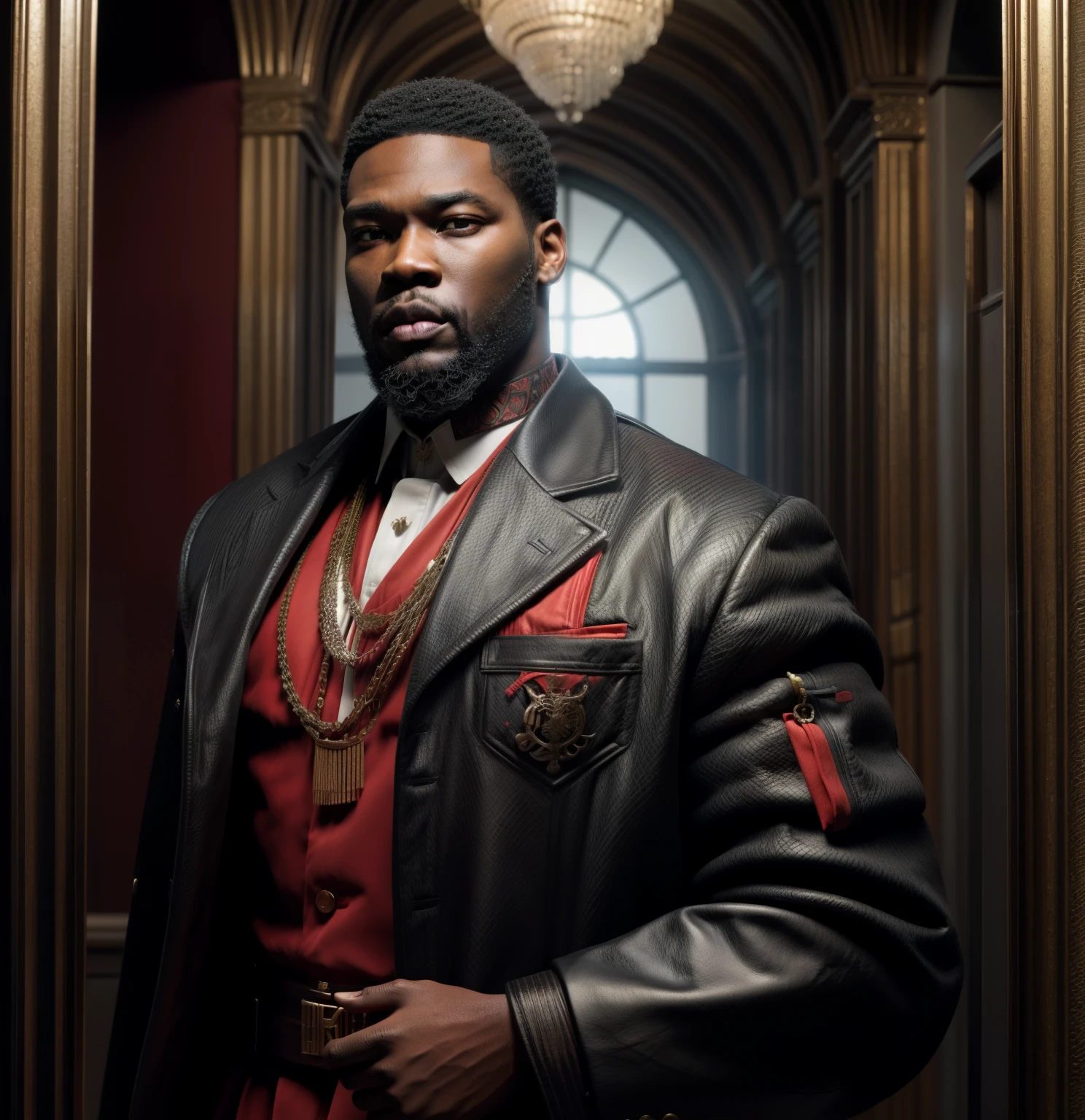 araffe dressed in a red and black outfit standing in a hallway, maxwell render, in dark long sleeve with grey and red accents, epic portrait, high quality portrait, 8k portrait render, streetwear, portrait shot, portrait of a king, closeup portrait shot, portrait mode, detailed portrait shot, portrait mode photo, a portrait of the character, shot on canon eos r5, STRONG BLESSED GODLY MAN who is confident, ambitious, warrior spirited, god like presence, AFRICAN AMERICAN, Melanin skin tone, calm, composed, reserved, observant, patient, 50 cent energy, Hova influenced clothing style, beard, High fashion, city palace,