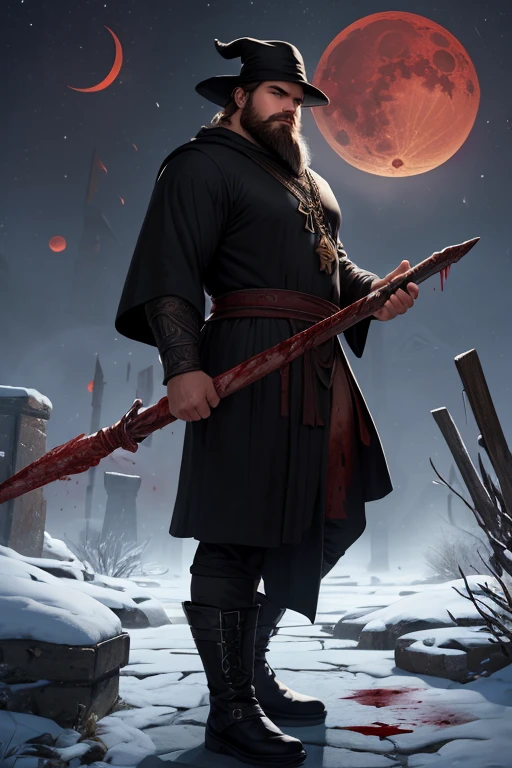 David Harbour, very detailed image, master piece, epic composition, perfect fingers, perfect hands, handsome, snow, right anatomy, chubby, 4k, perfect feets, perfect legs, (very short messy hair), ancient desert, ancient desert clothes tunic beduin, ((big full beard)), (full black clothes), (black tunic), ( black mage), (black boots), ((night with blood moon)), ((big and large ass)), ((blood in the clothes)), ((blood on the floor)), ((ancient black mage staff)), (flying papers magic)