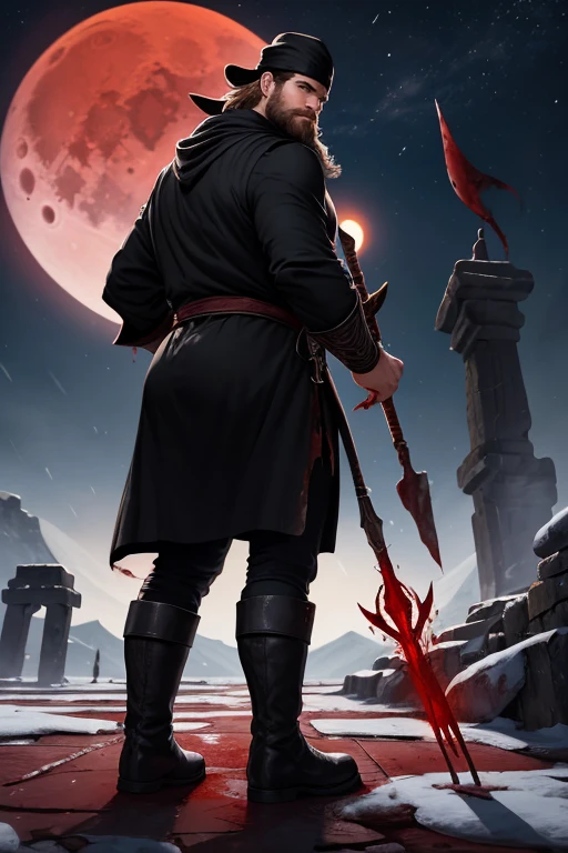 David Harbour, very detailed image, master piece, epic composition, perfect fingers, perfect hands, handsome, snow, right anatomy, chubby, 4k, perfect feets, perfect legs, (very short messy hair), ancient desert, ancient desert clothes tunic beduin, ((big full beard)), (full black clothes), (black tunic), ( black mage), (black boots), ((night with blood moon)), ((big and large ass)), ((blood in the clothes)), ((blood on the floor)), ((ancient black mage staff)), (flying papers magic)