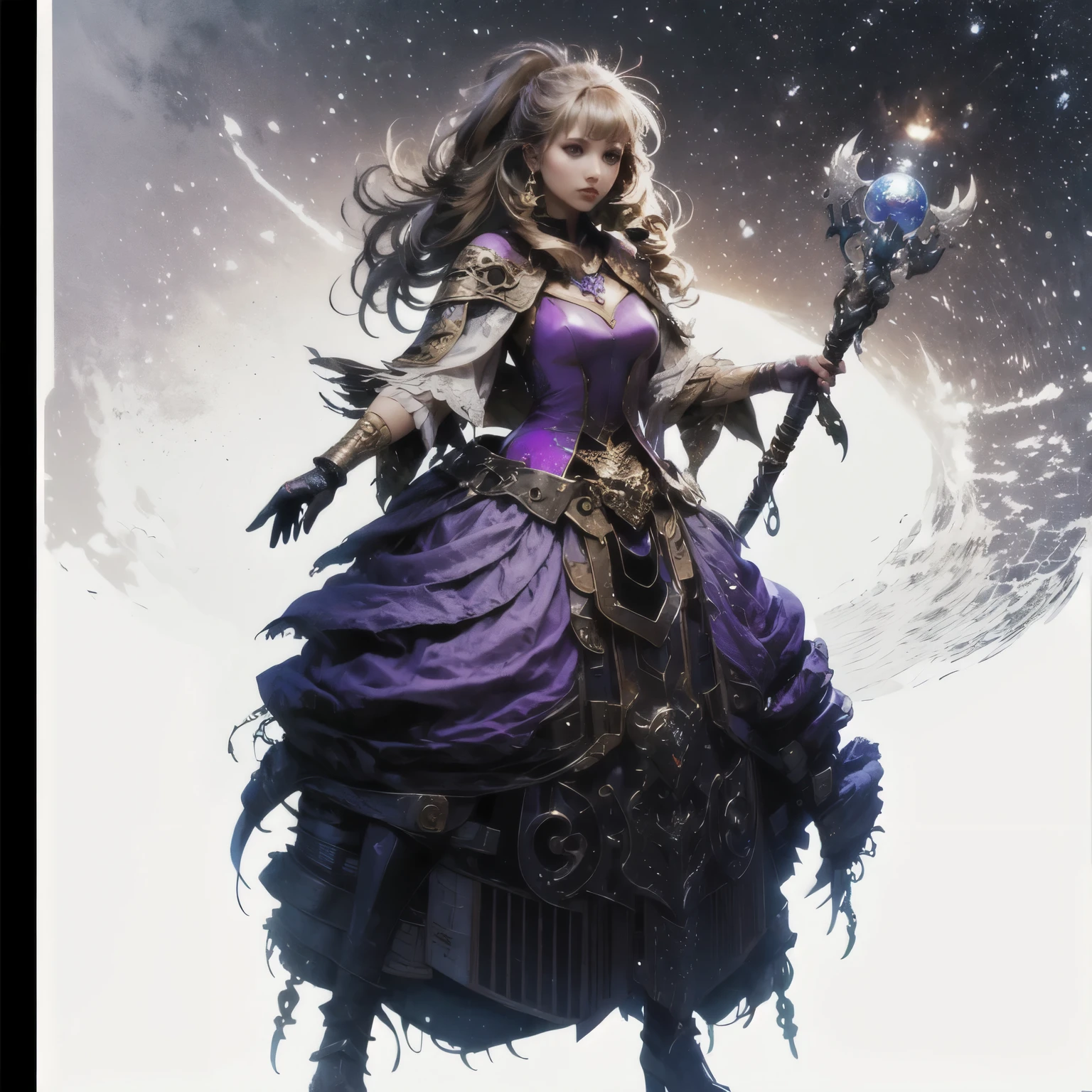 a woman in a purple dress holding a magic staff and a purple dress, mujer hipnotizadora seductora, female mago, female mago!, high quality character design, xianxia de cuerpo completo, ( ( arte conceptual del personaje ) ), hyperdetailed fantasy character, fantasy character design, final fantasy character, fantasy character, concepto de personaje de Shadowverse, personaje fe******, obra de arte del personaje, mago, cuerpo completo 