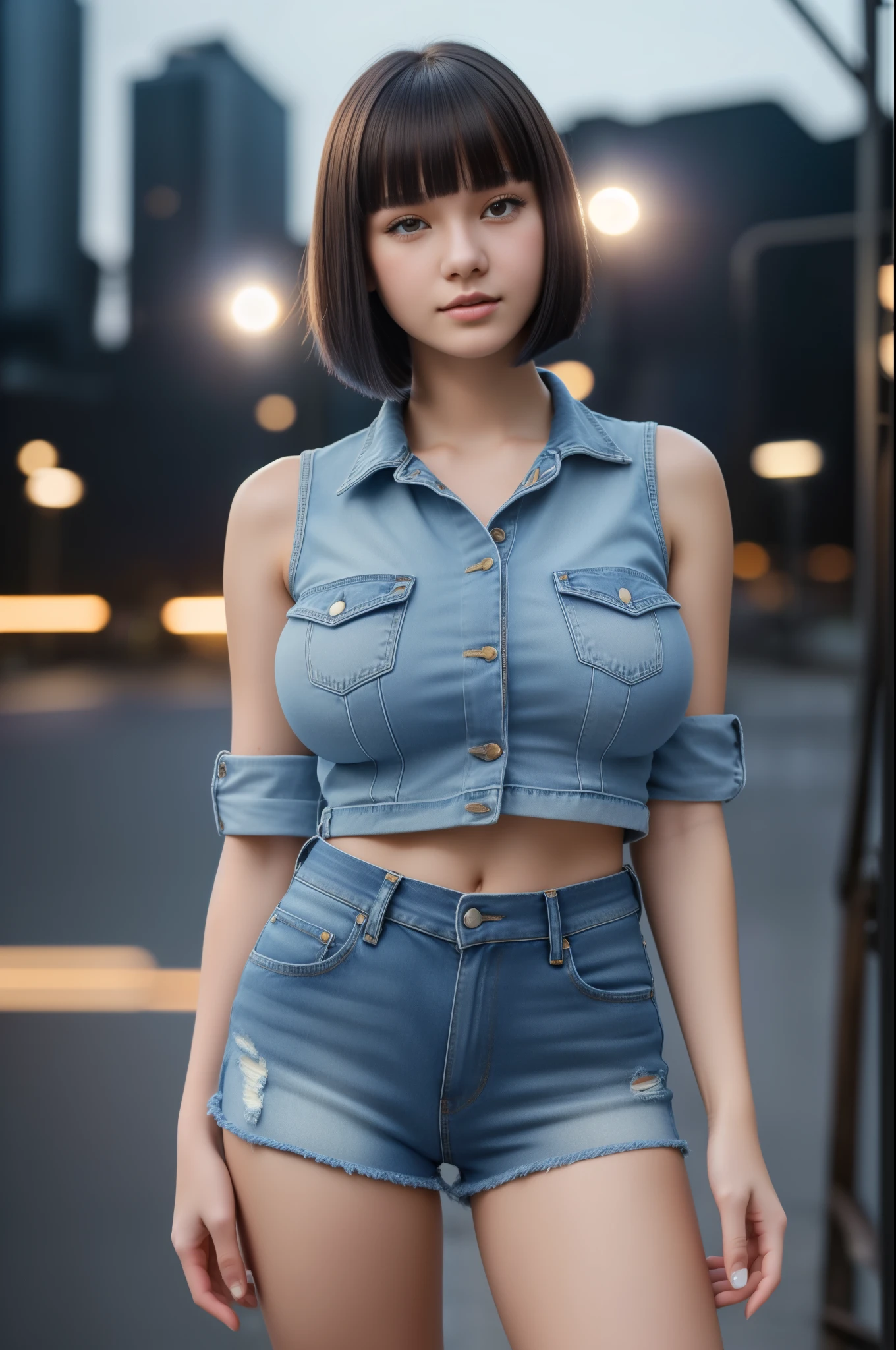 A close-up portrait photo of 18 y.o woman in denim shorts, denim top, ankle boots with high heels, Bob_cut hair, (Big breasts:1.3, background is a night town with spotlight lights, (high detailed skin: 1.2), 8k uhd, dslr, soft- lighting, high quality,