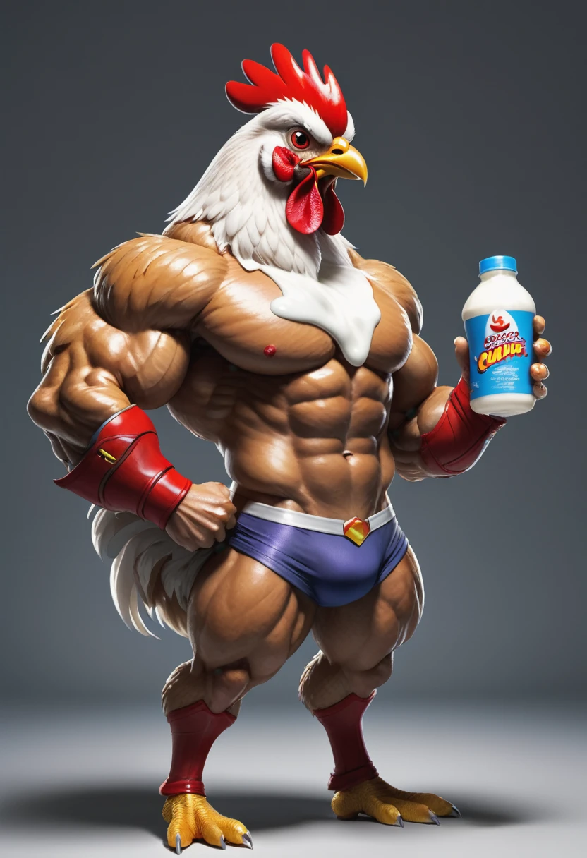 Super muscular chicken holding a yogurt