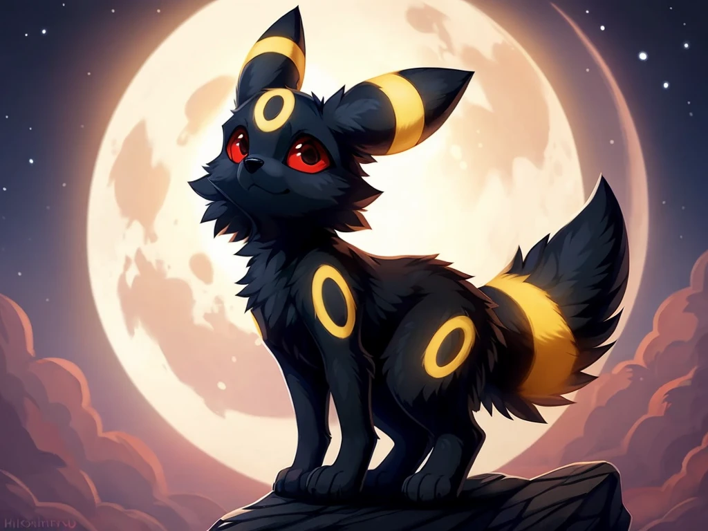 Beautiful Furry art, breathtaking, masterpiece, feral, umbreon, fluffy, small, slim, cute, umbreon standing above a rock in the night, bright moon in the background, superb illustration, realistic fur, (by hioshiru artstyle), red eyes with black pupils,