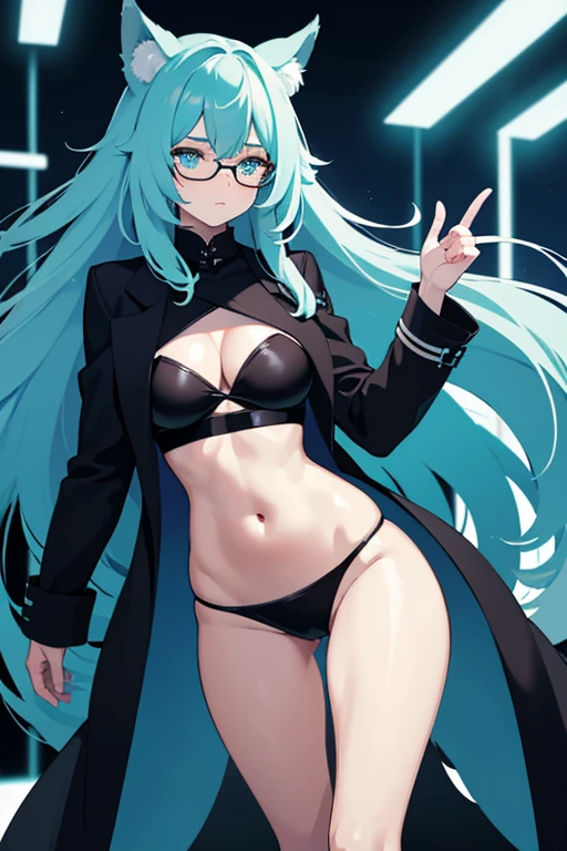 hot girl, beautiful long cyan hair, wearing glasses, cyan eyes, sexy black bikini, big but medium breasts, a black jacket no panties and long black transparent socks, wolf ears
