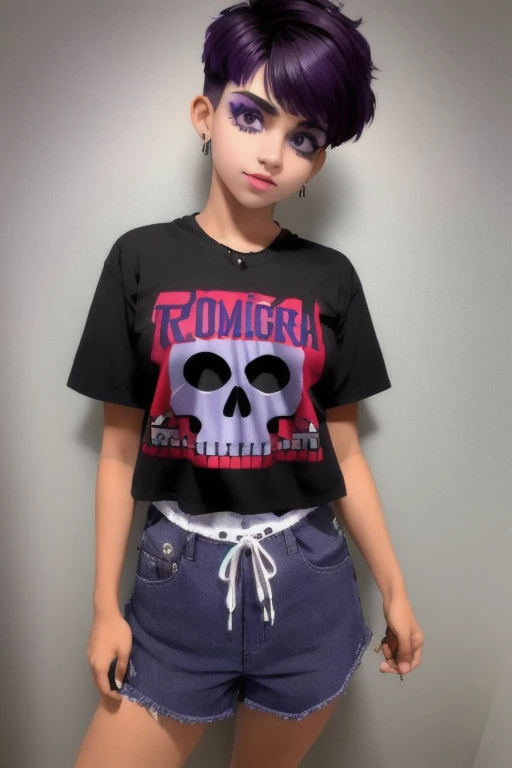 Hermosa chica adolesente , 17 years , modelo adolescente , chica rockera , short light brown hair , corte de cabello pixie , ojos color azul ,usa aretes de clip , tiene pecas en mejillas y nariz ,lindo maquillaje , sombra de ojos color morado , labios rojos , jermosa sonrisa , usa gargantilla negra , viste camiseta morada sin mangas con imagen de calavera , cinturon blanco , falda color lila con patrones de cuadros , botas largas con tacon , toca guutarra electrica morada