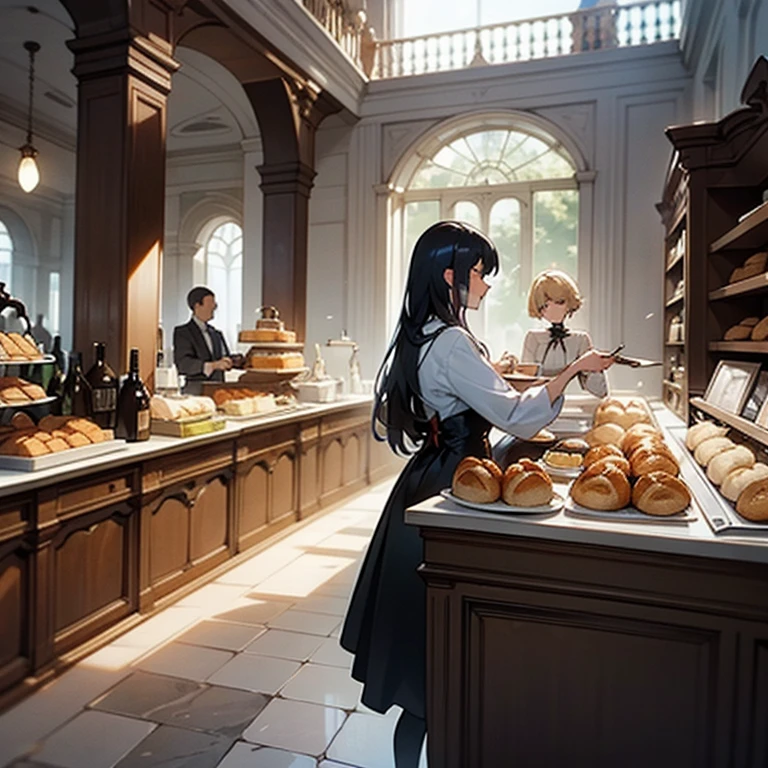 When you enter the bakery "La Boulangerie du Coin", on est accueilli par une vague de délicieuses odeurs de pain frais et de pâtisseries tout juste sorties du four. The interior space is warm and rustic, with its exposed stone walls and terracotta tiled floor.
À gauche de l'entrée se trouve le comptoir principal, surplombé d'une grande ardoise où sont inscrits les différents types de pain et de viennoiseries disponibles. Derrière le comptoir, dark wooden shelves are loaded with bread The terrace, spacieuse et accueillante, s'étend sur environ 70 m² devant la boulangerie. Wrought iron tables and chairs, decorated with delicate patterns, sont disposées avec soin sur le trottoir, offrant aux clients la possibilité de s'installer confortablement pour déguster leur repas. Des parasols en toile blanche, bordered with ruffles, fournissent une agréable protection contre le soleil estival.
The terrace floor is covered with beige ceramic tiles, arranged in elegant geometric patterns. Cast iron planters, overflowing with colorful flowers, apportent une touche de fraîcheur et de nature à l'espace extérieur.
Le murmure joyeux des conversations mêlé au doux parfum de pain frais et de café fraîchement moulu crée une atmosphère chaleureuse et conviviale. Des serveurs en tabliers blancs circulent avec agilité entre les tables, taking customer orders and bringing trays loaded with sweet and savory delights.
Through the large bay windows of the bakery, on aperçoit l'activité fébrile des boulangers et pâtissiers, busy behind dark wooden counters. Their precise and rapid movements shape appetizing creations, qui s'alignent ensuite avec soin dans les présentoirs, ready to be tasted.
Dans cette ambiance classique et accueillante, the bakery with its terrace invites passers-by to take a gourmet break, à savourer un moment de détente et de plaisir gustatif.