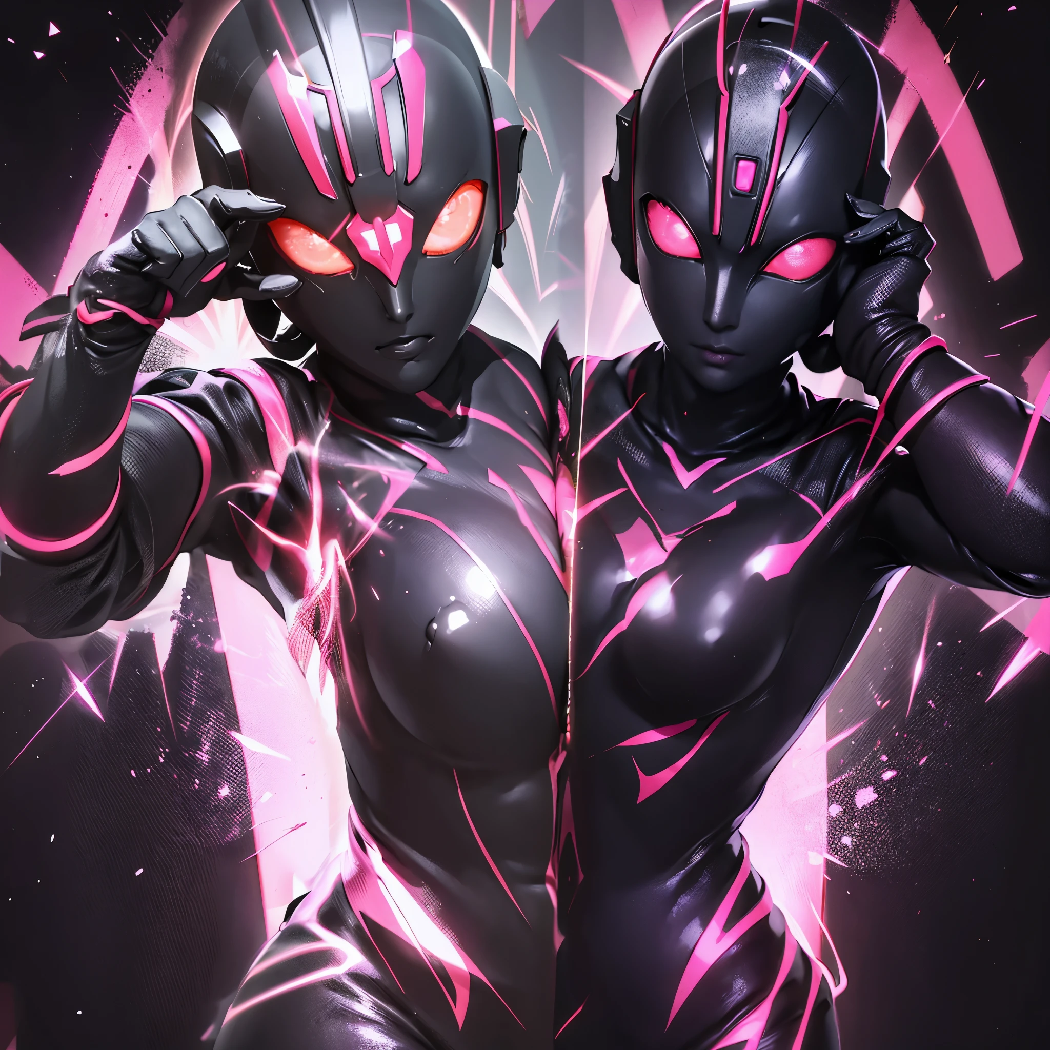 Ultraman Woman. （high quality）（luster）Cover your face with a black mask. women only. full face mask. The whole body is covered with a black bodysuit. Spike decoration. Pink lines all over the body. dark background.