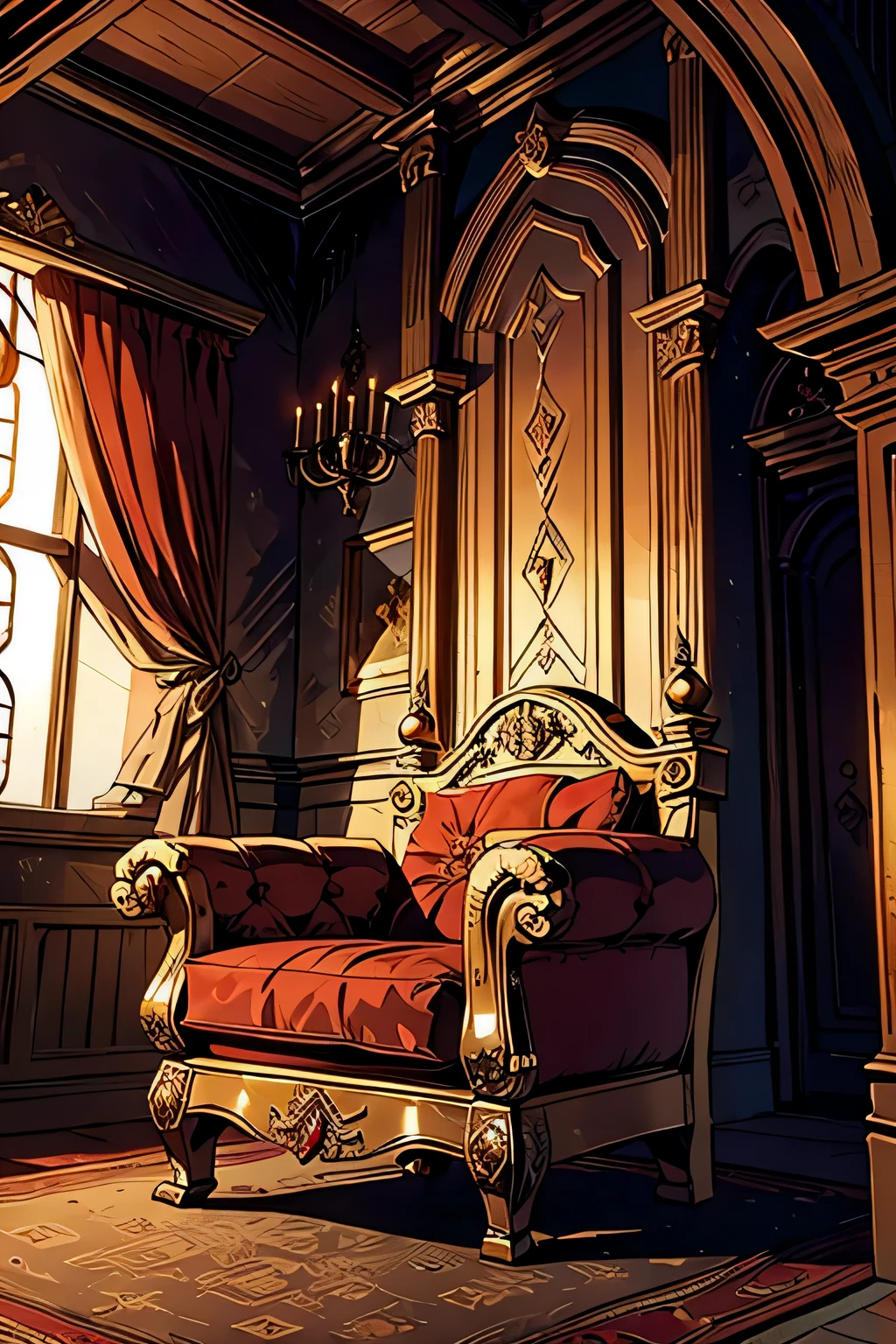 royal throne, made of wood, with golden details, seat with red cushion, medieval style, placed in a royal room of a medieval style palace
