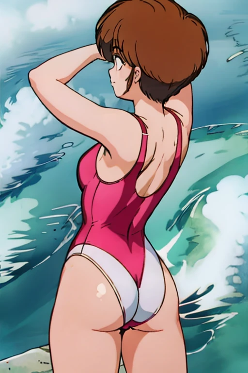 1girl, Hikaru Hiyama, (Masterpiece, Best Quality, High Quality), professional artwork, well drawn, Intricate Details, tight swimsuit, posing for picture,(smile:0.7), medium breasts, from behind, wedgie,bare back, slightly big ass