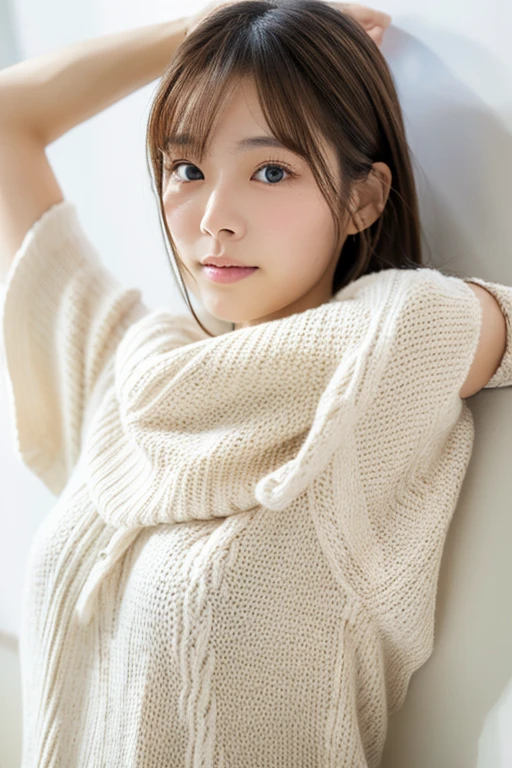 young japanese woman, 30 generations, white background, It is characterized by its simplicity背景, white brown hair, thin, 4k, In 8K, high quality, beauty, beautiful eyes, It is characterized by its simplicity, High resolution,1 person,beautiful skins,beautiful skin,wearing a white knit,winter、From above、Stretch out your arms to grab the camera